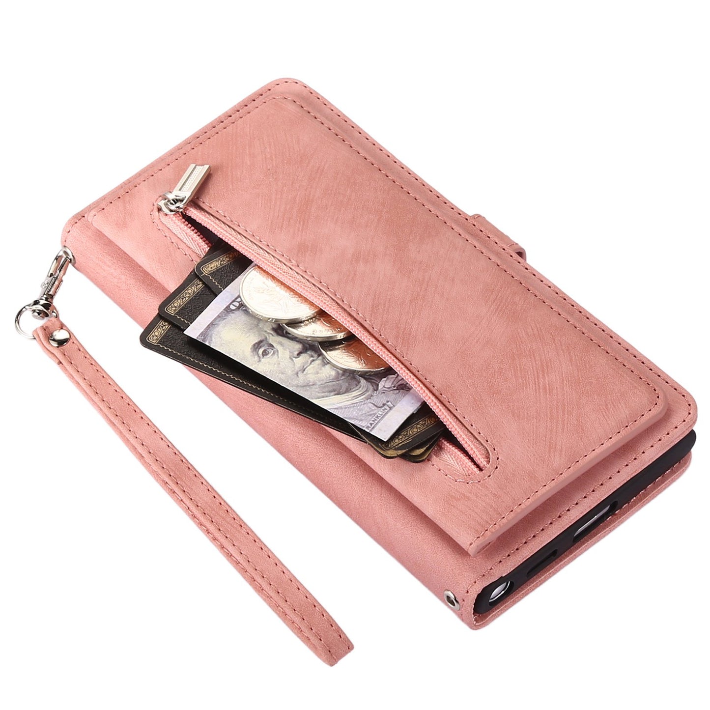 For Samsung Galaxy S24 Ultra Case PU Leather 9 Card Slots Phone Cover with Shoulder Strap - Rose Gold