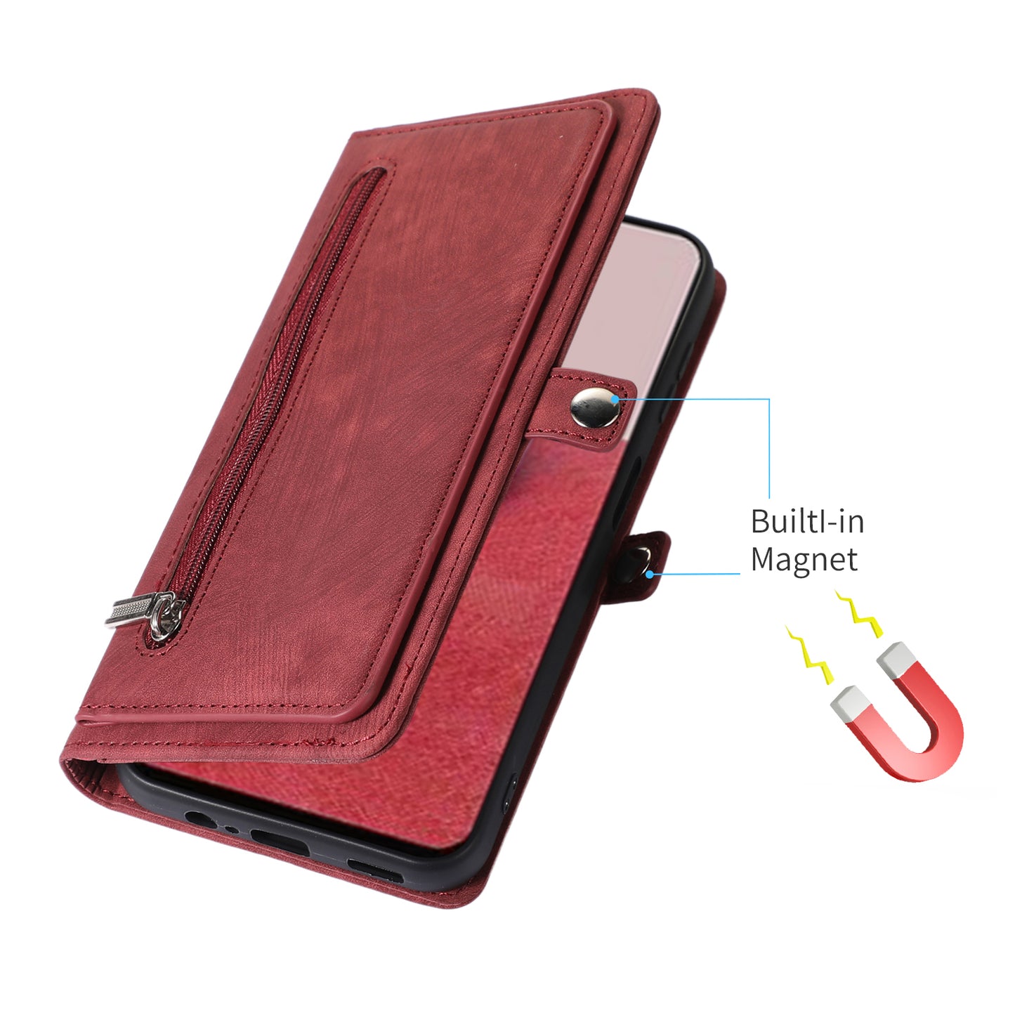 For Samsung Galaxy S24 Magnetic Phone Case PU Leather Cover with 9 Card Slots and Shoulder Strap - Red