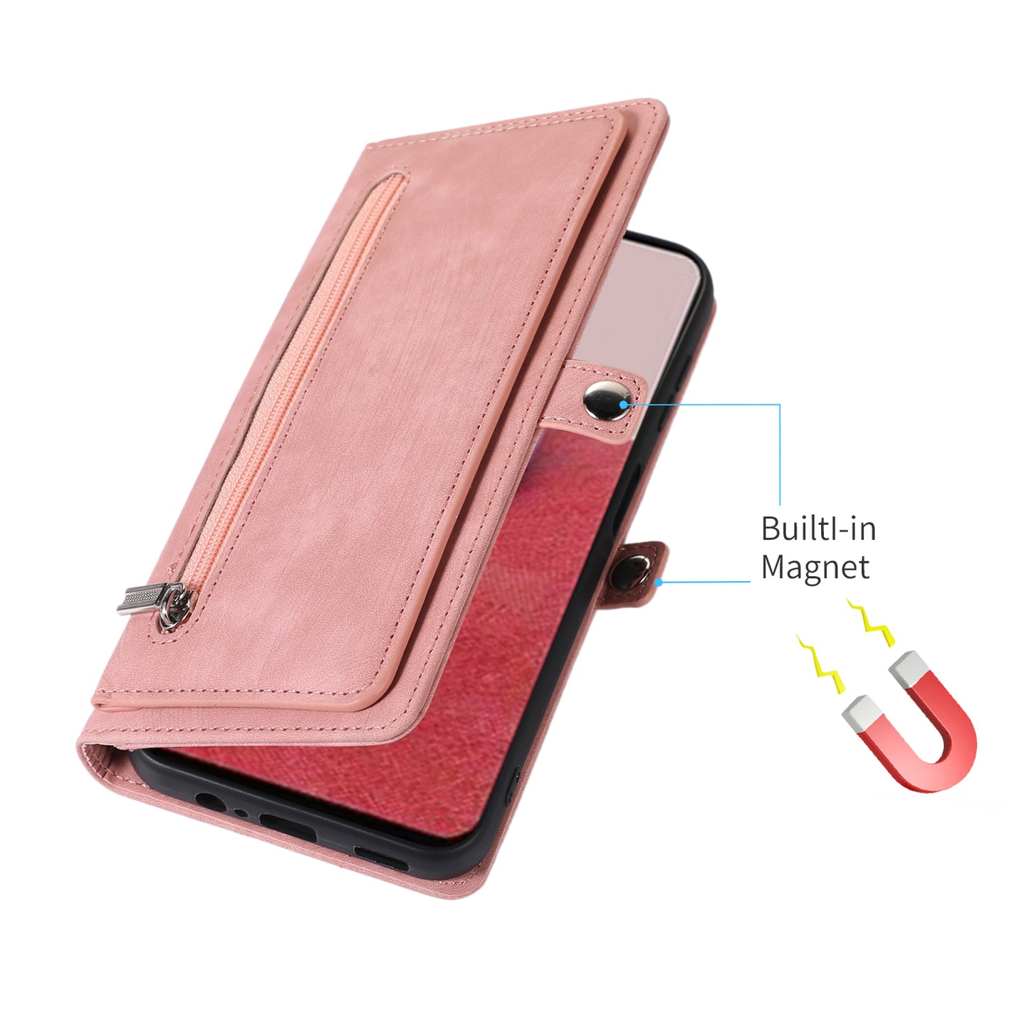 For Samsung Galaxy S24 Magnetic Phone Case PU Leather Cover with 9 Card Slots and Shoulder Strap - Rose Gold