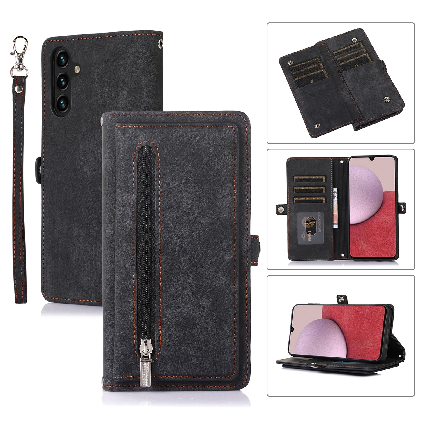 For Samsung Galaxy S24 Magnetic Phone Case PU Leather Cover with 9 Card Slots and Shoulder Strap - Black