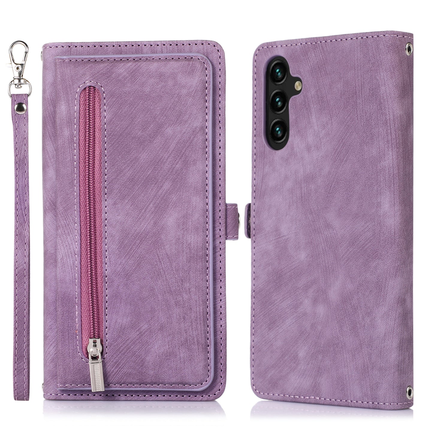 For Samsung Galaxy S24 Magnetic Phone Case PU Leather Cover with 9 Card Slots and Shoulder Strap - Purple