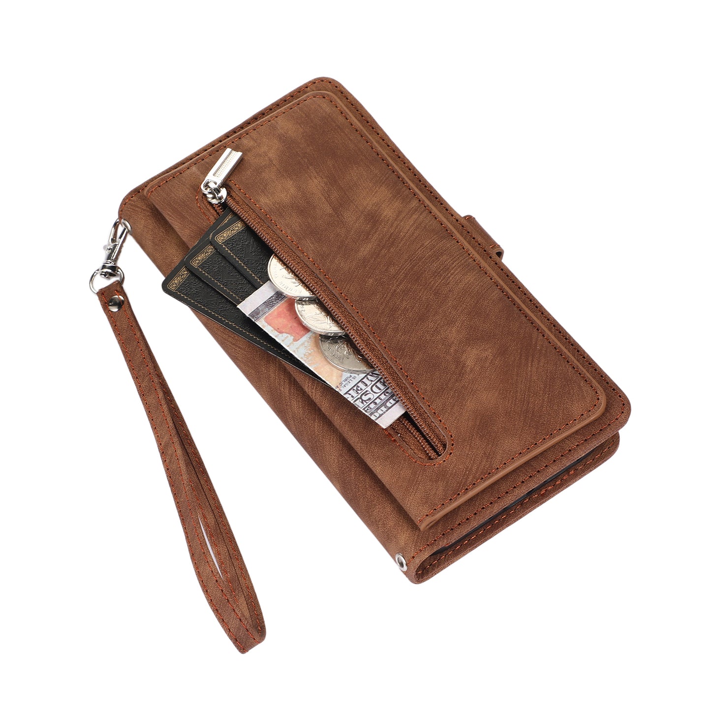 For Samsung Galaxy S24 Magnetic Phone Case PU Leather Cover with 9 Card Slots and Shoulder Strap - Brown