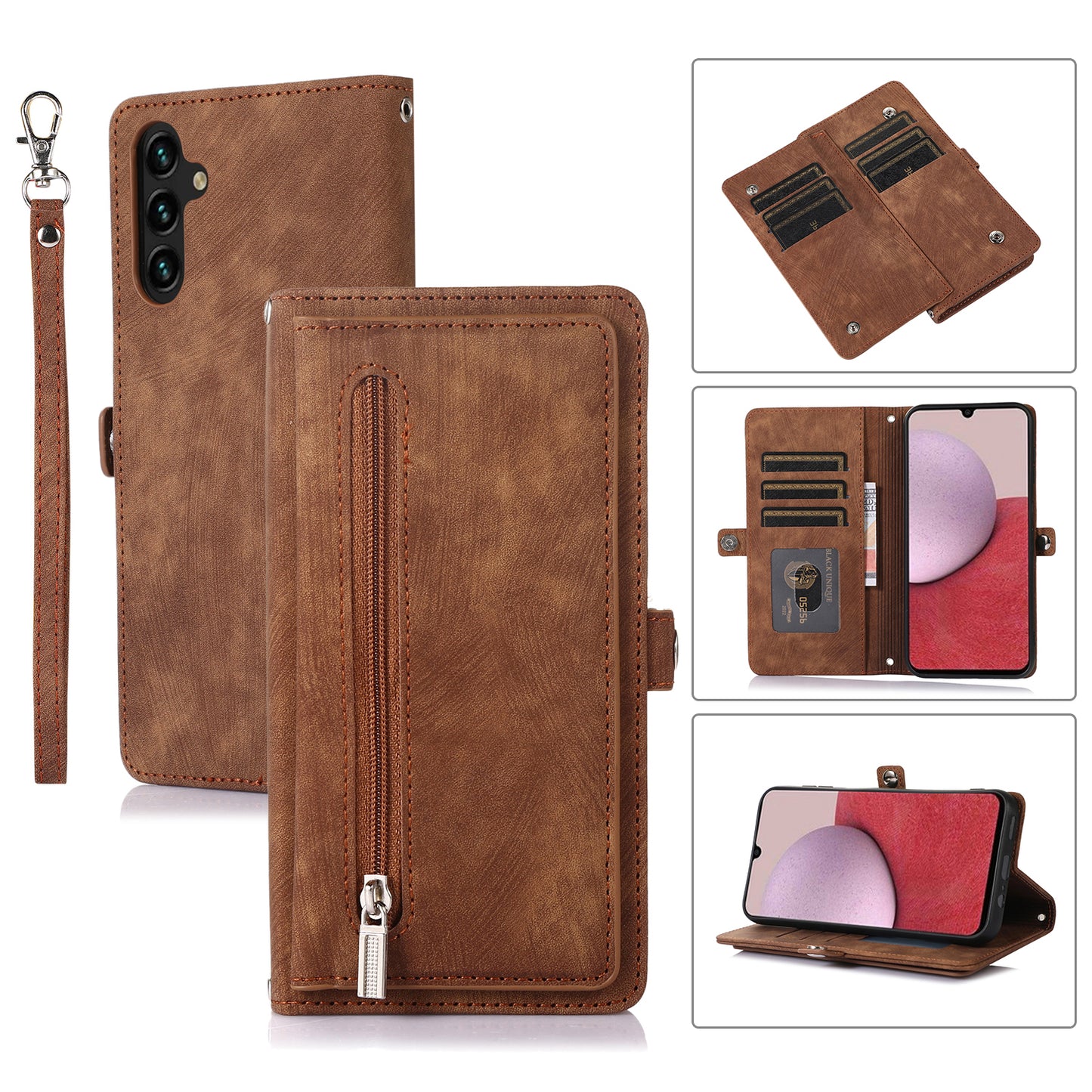 For Samsung Galaxy S24 Magnetic Phone Case PU Leather Cover with 9 Card Slots and Shoulder Strap - Brown