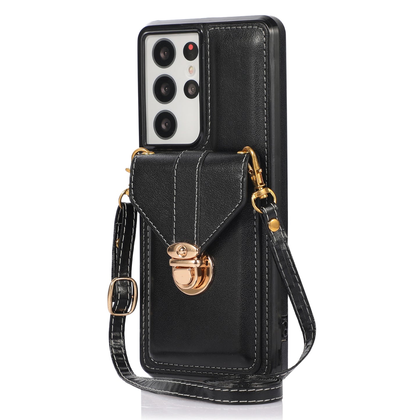 For Samsung Galaxy S24 Ultra Cell Phone Case Card Holder Kickstand Leather+TPU Cover - Black