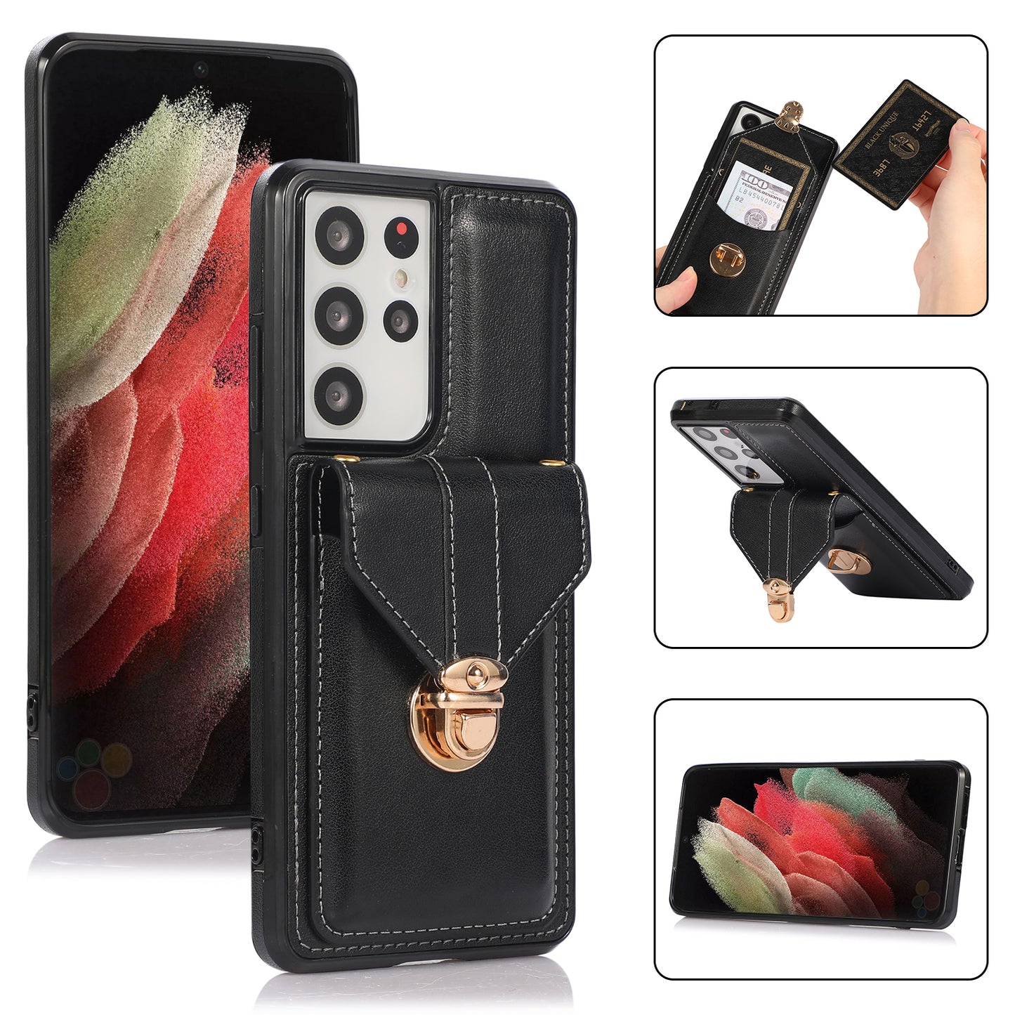 For Samsung Galaxy S24 Ultra Cell Phone Case Card Holder Kickstand Leather+TPU Cover - Black