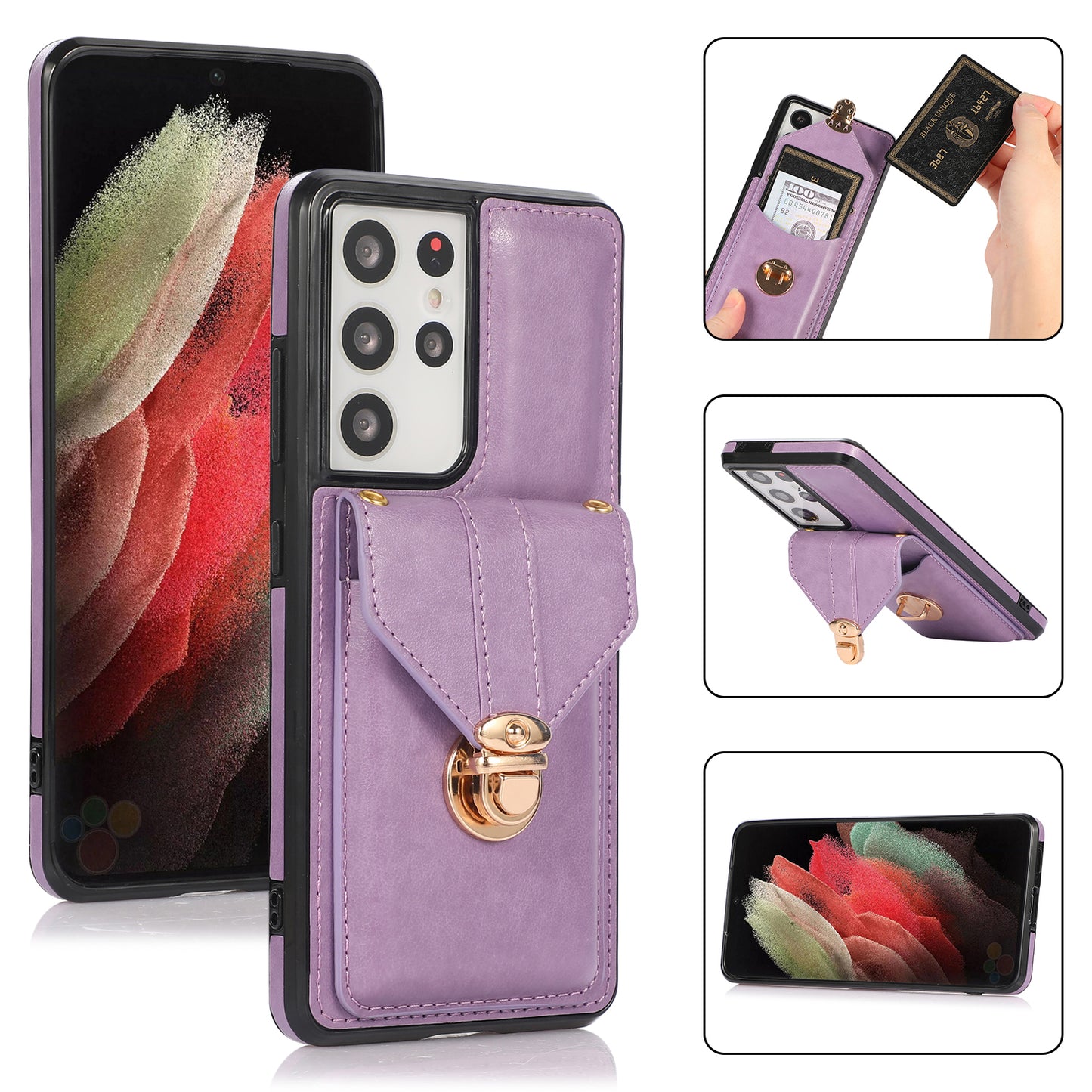For Samsung Galaxy S24 Ultra Cell Phone Case Card Holder Kickstand Leather+TPU Cover - Purple