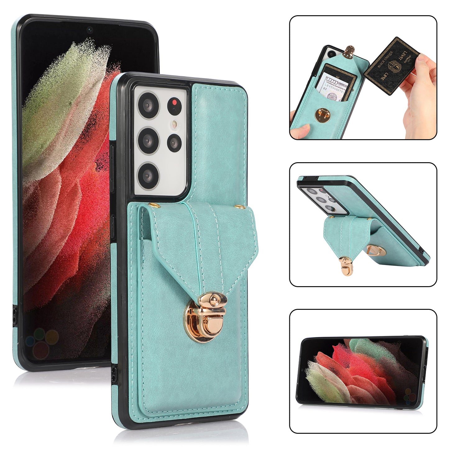 For Samsung Galaxy S24 Ultra Cell Phone Case Card Holder Kickstand Leather+TPU Cover - Green