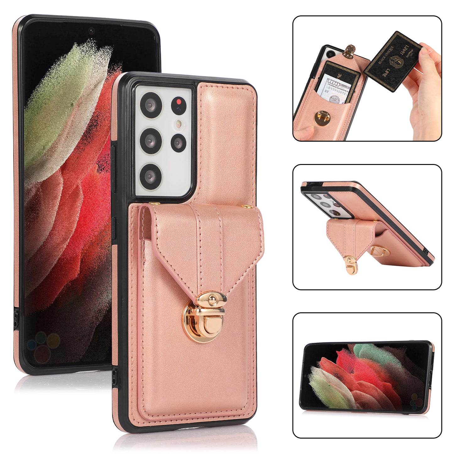For Samsung Galaxy S24 Ultra Cell Phone Case Card Holder Kickstand Leather+TPU Cover - Rose Gold