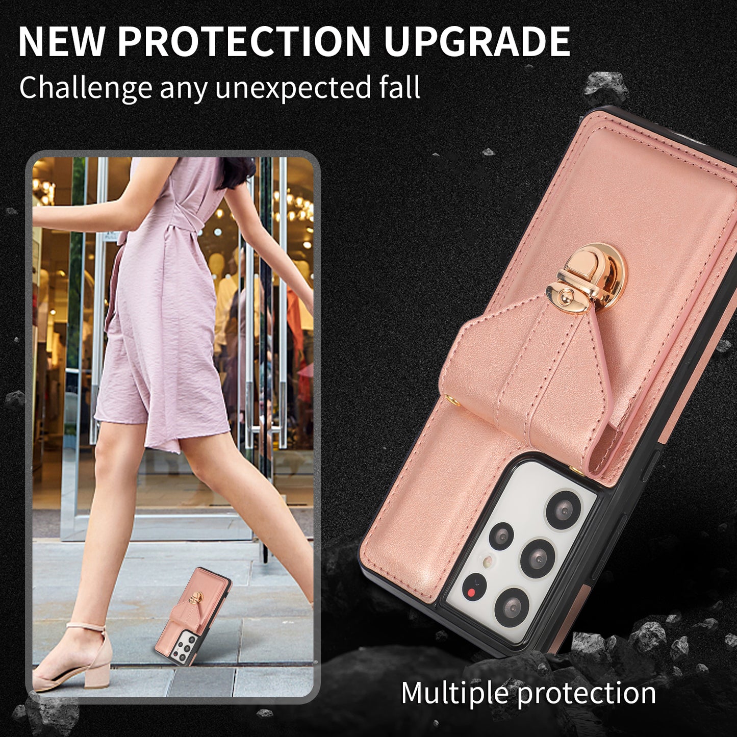 For Samsung Galaxy S24 Ultra Cell Phone Case Card Holder Kickstand Leather+TPU Cover - Rose Gold