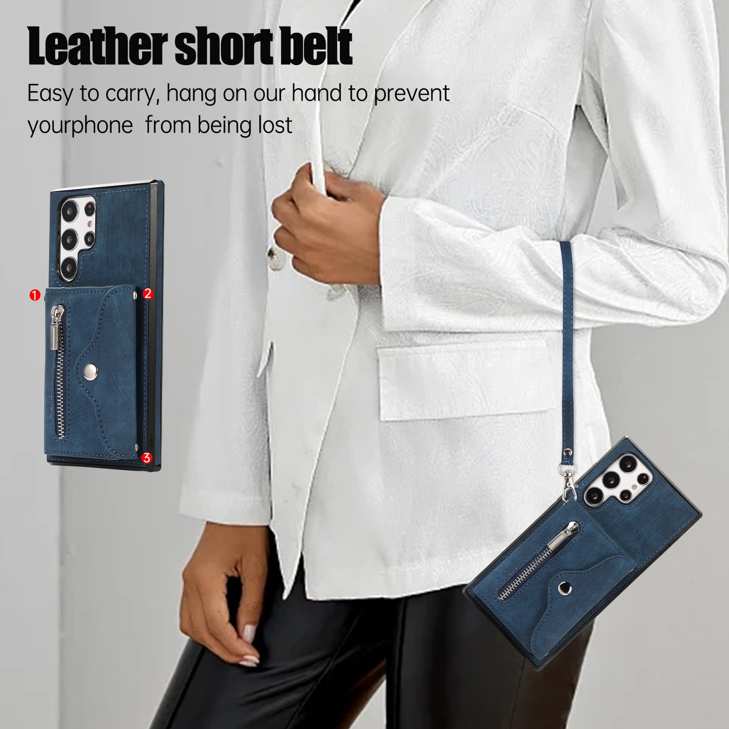 For Samsung Galaxy S24 Ultra Cell Phone Case PU Leather+TPU Card Bag Cover with 2 Straps - Blue