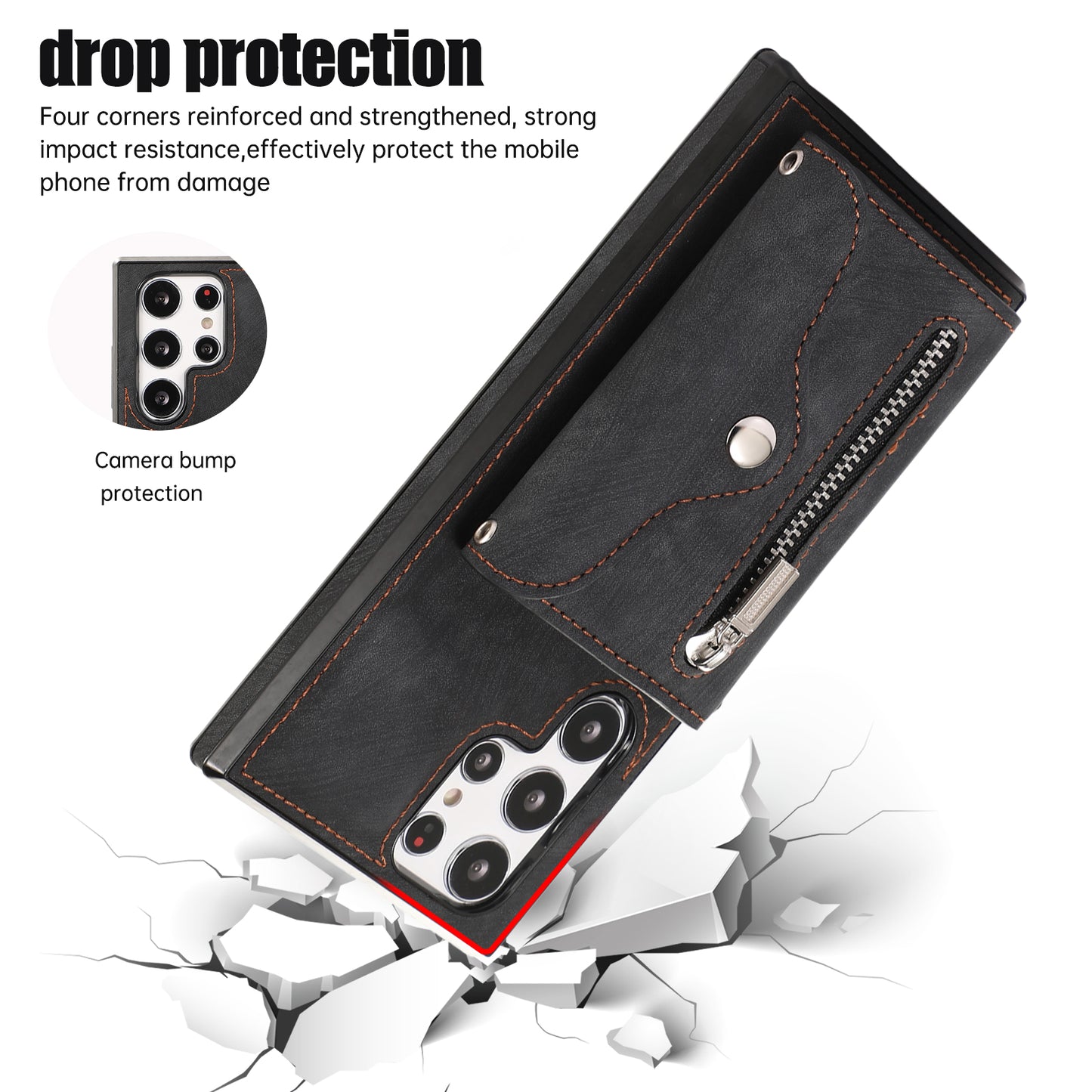 For Samsung Galaxy S24 Ultra Cell Phone Case PU Leather+TPU Card Bag Cover with 2 Straps - Black