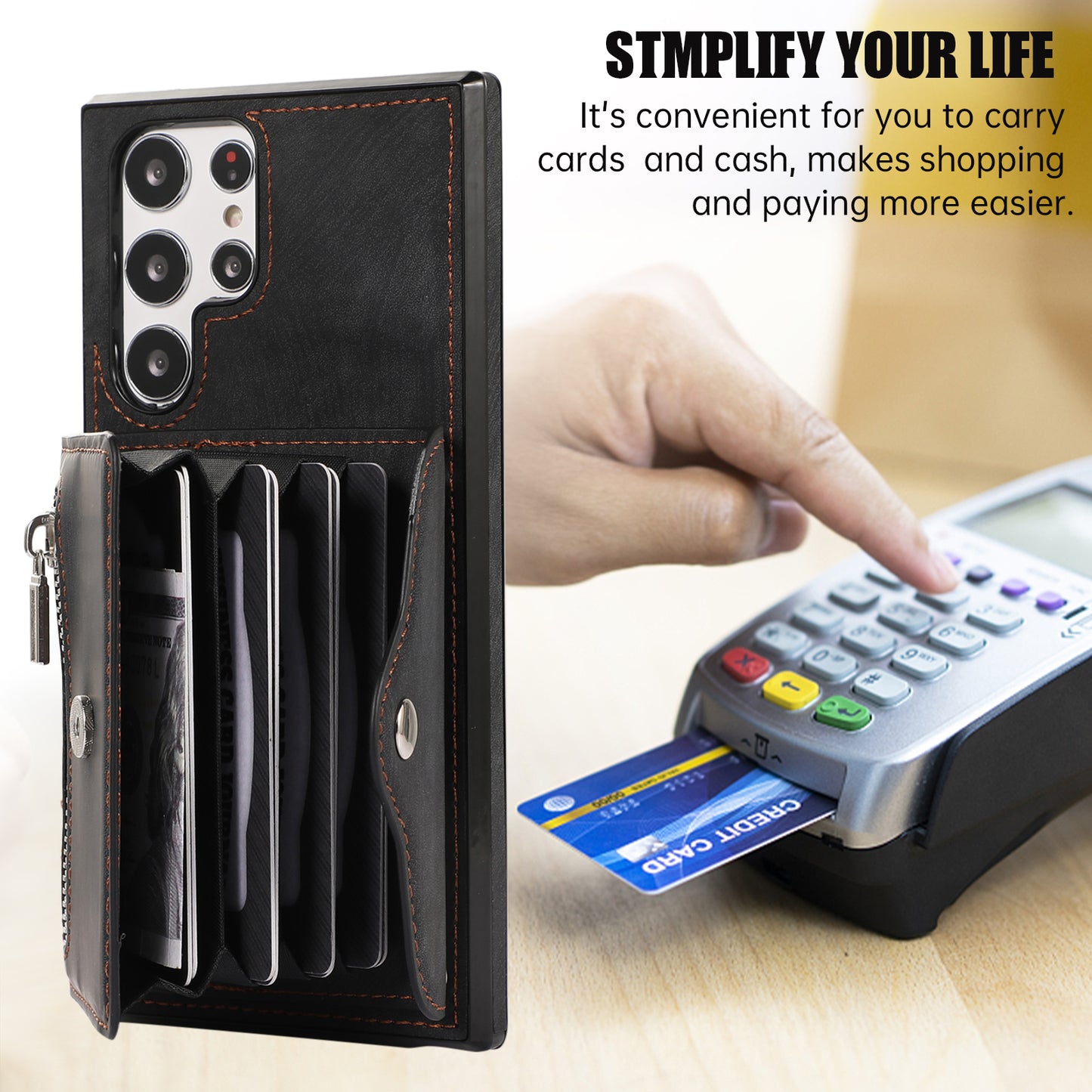 For Samsung Galaxy S24 Ultra Cell Phone Case PU Leather+TPU Card Bag Cover with 2 Straps - Black