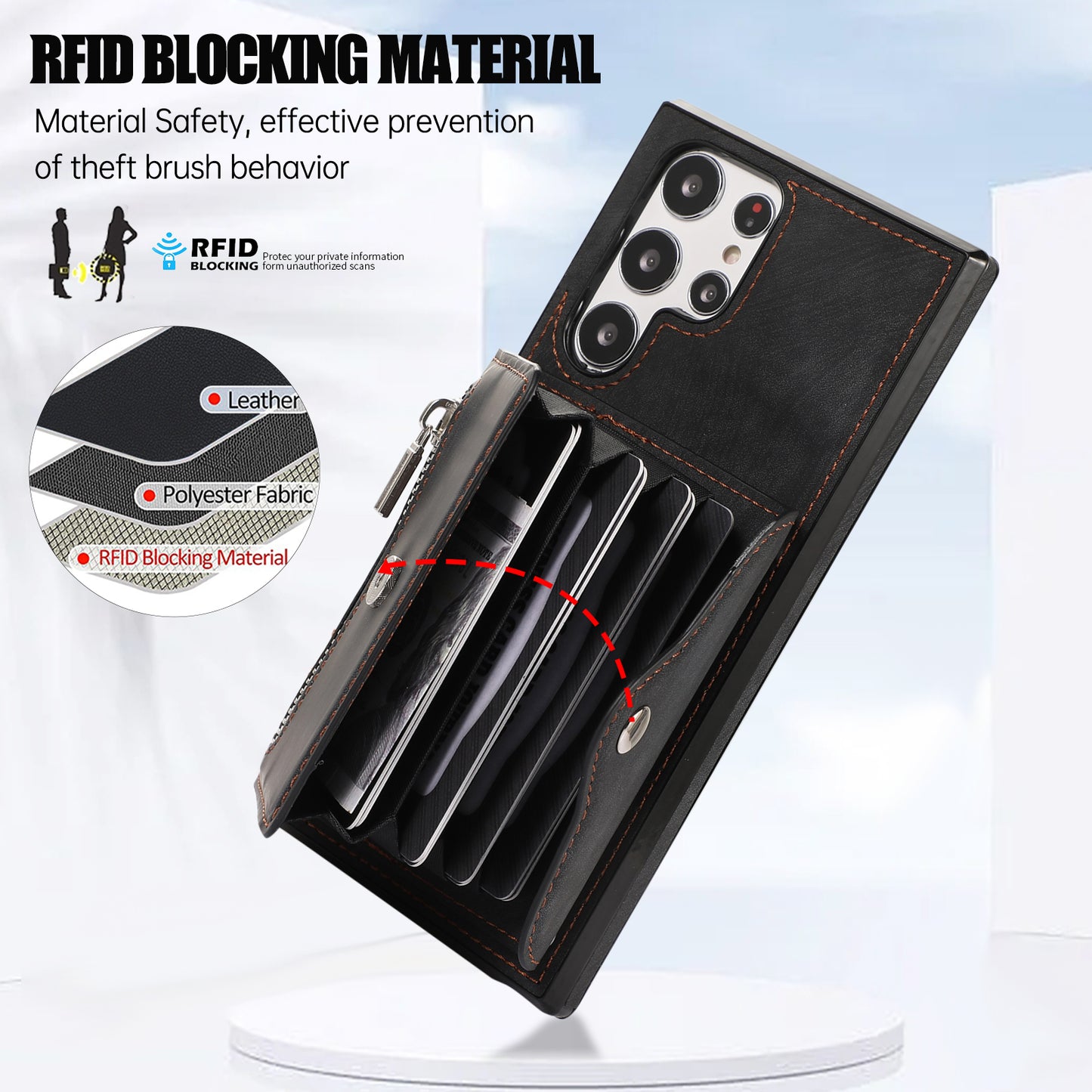 For Samsung Galaxy S24 Ultra Cell Phone Case PU Leather+TPU Card Bag Cover with 2 Straps - Black
