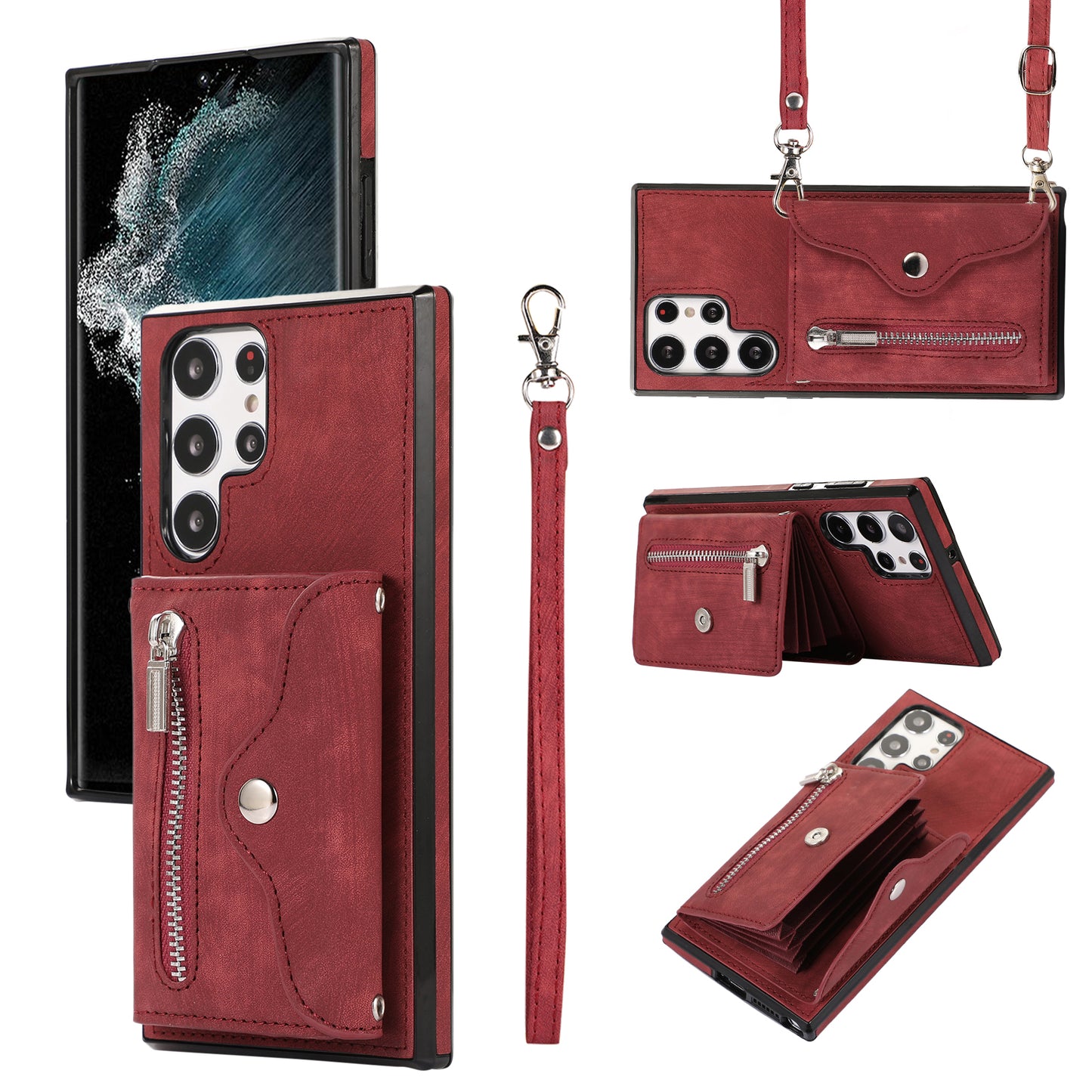 For Samsung Galaxy S24 Ultra Cell Phone Case PU Leather+TPU Card Bag Cover with 2 Straps - Red