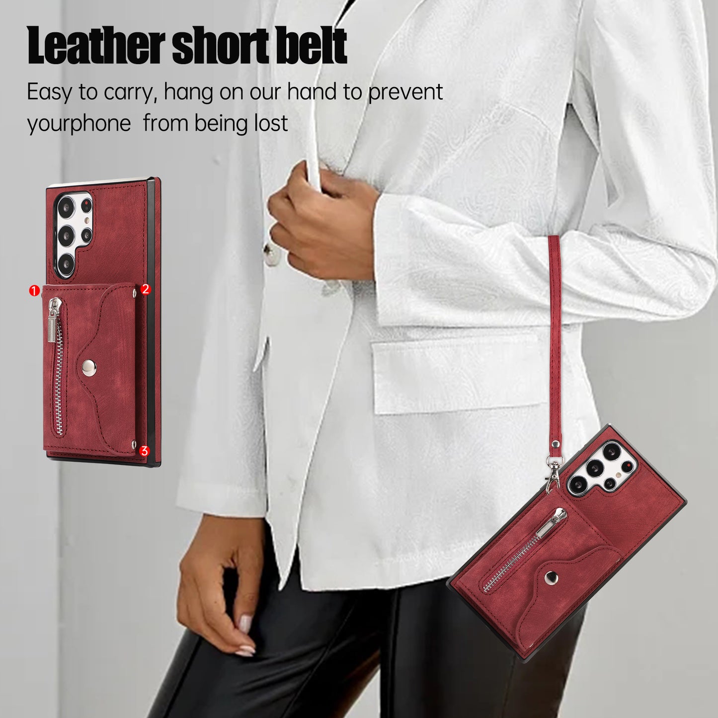 For Samsung Galaxy S24 Ultra Cell Phone Case PU Leather+TPU Card Bag Cover with 2 Straps - Red