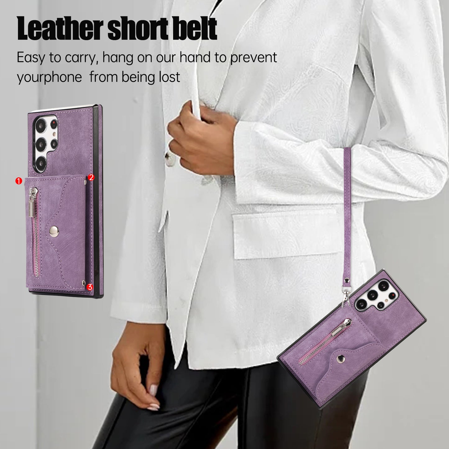 For Samsung Galaxy S24 Ultra Cell Phone Case PU Leather+TPU Card Bag Cover with 2 Straps - Purple