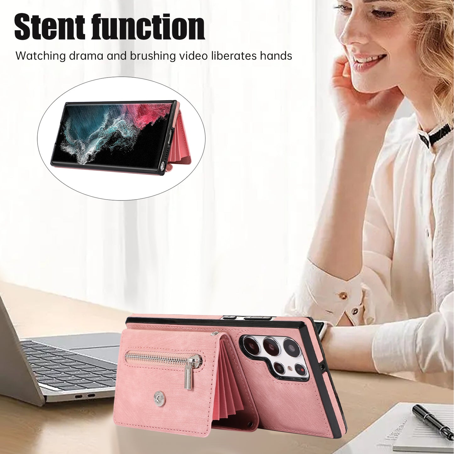 For Samsung Galaxy S24 Ultra Cell Phone Case PU Leather+TPU Card Bag Cover with 2 Straps - Rose Gold