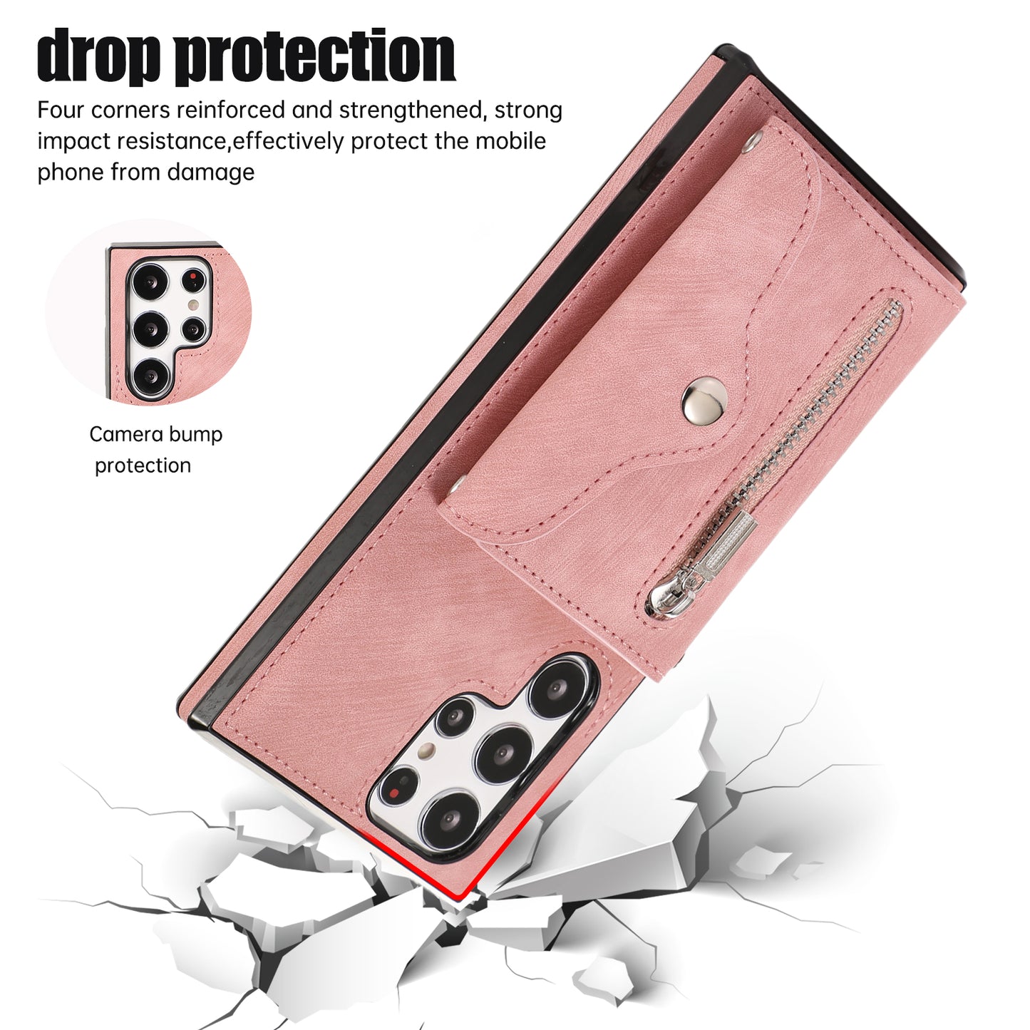For Samsung Galaxy S24 Ultra Cell Phone Case PU Leather+TPU Card Bag Cover with 2 Straps - Rose Gold
