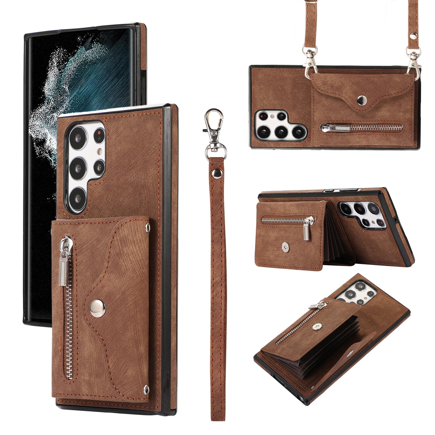 For Samsung Galaxy S24 Ultra Cell Phone Case PU Leather+TPU Card Bag Cover with 2 Straps - Brown