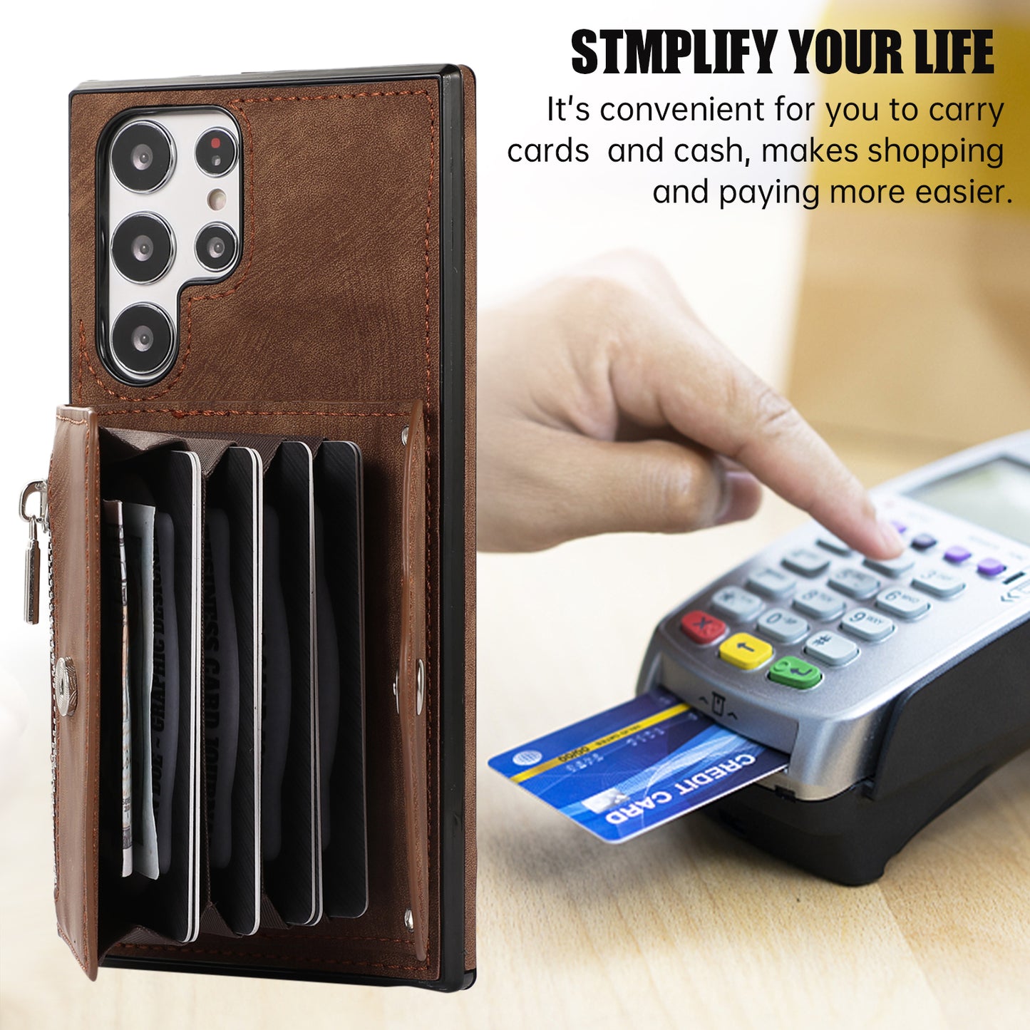 For Samsung Galaxy S24 Ultra Cell Phone Case PU Leather+TPU Card Bag Cover with 2 Straps - Brown