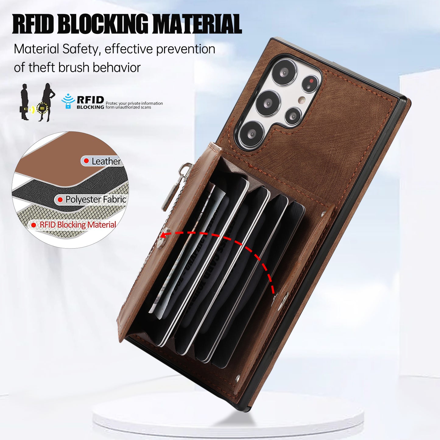 For Samsung Galaxy S24 Ultra Cell Phone Case PU Leather+TPU Card Bag Cover with 2 Straps - Brown
