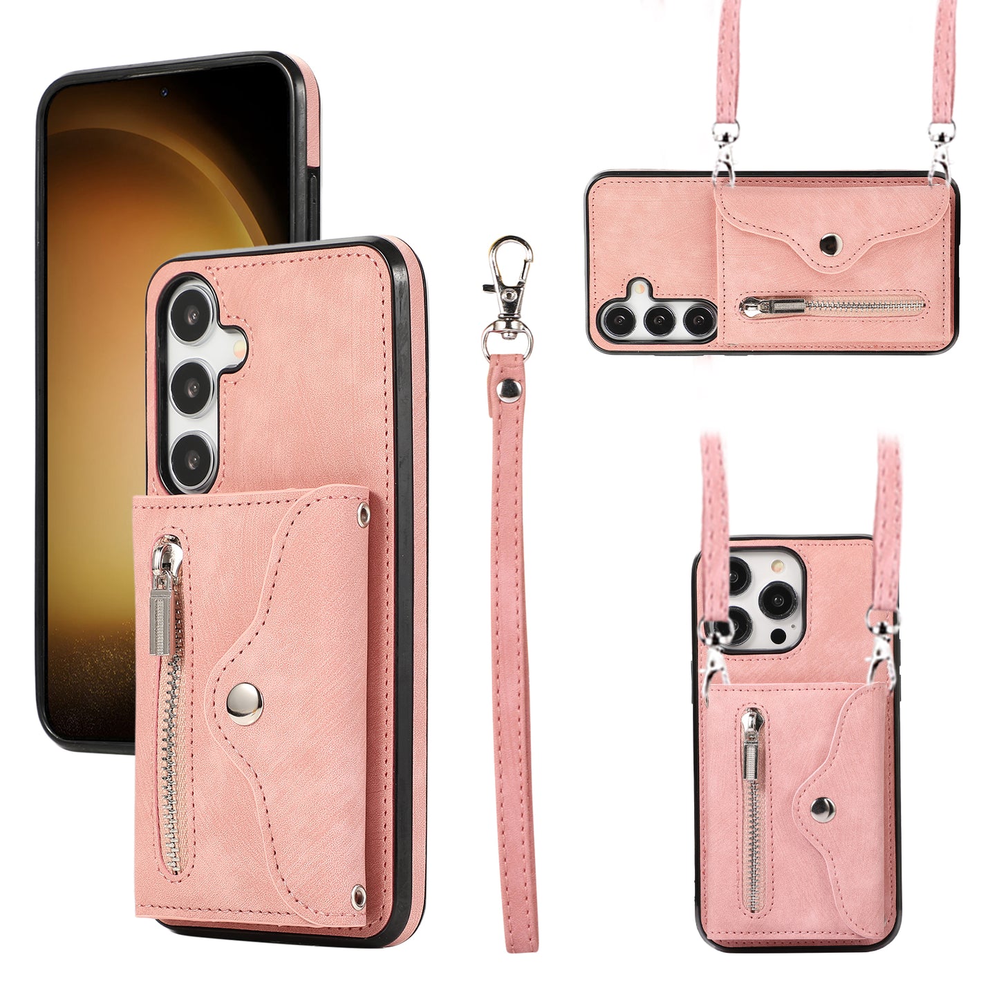 For Samsung Galaxy S24+ Cell Phone Case Card Bag PU Leather+TPU Cover with 2 Straps - Rose Gold