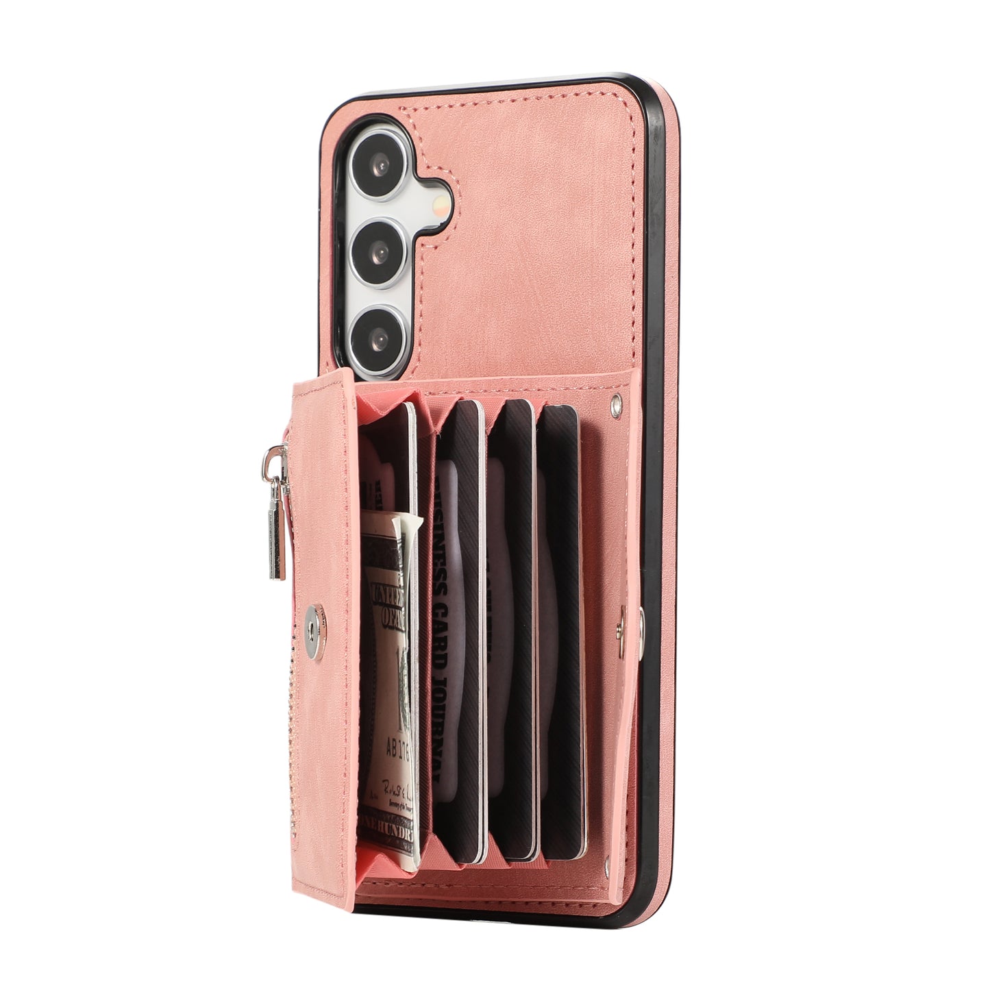 For Samsung Galaxy S24+ Cell Phone Case Card Bag PU Leather+TPU Cover with 2 Straps - Rose Gold
