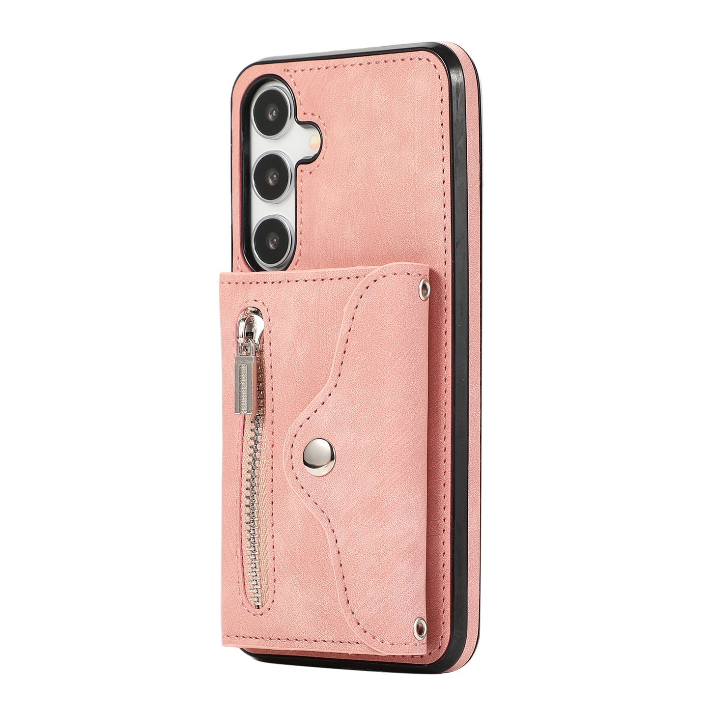 For Samsung Galaxy S24+ Cell Phone Case Card Bag PU Leather+TPU Cover with 2 Straps - Rose Gold