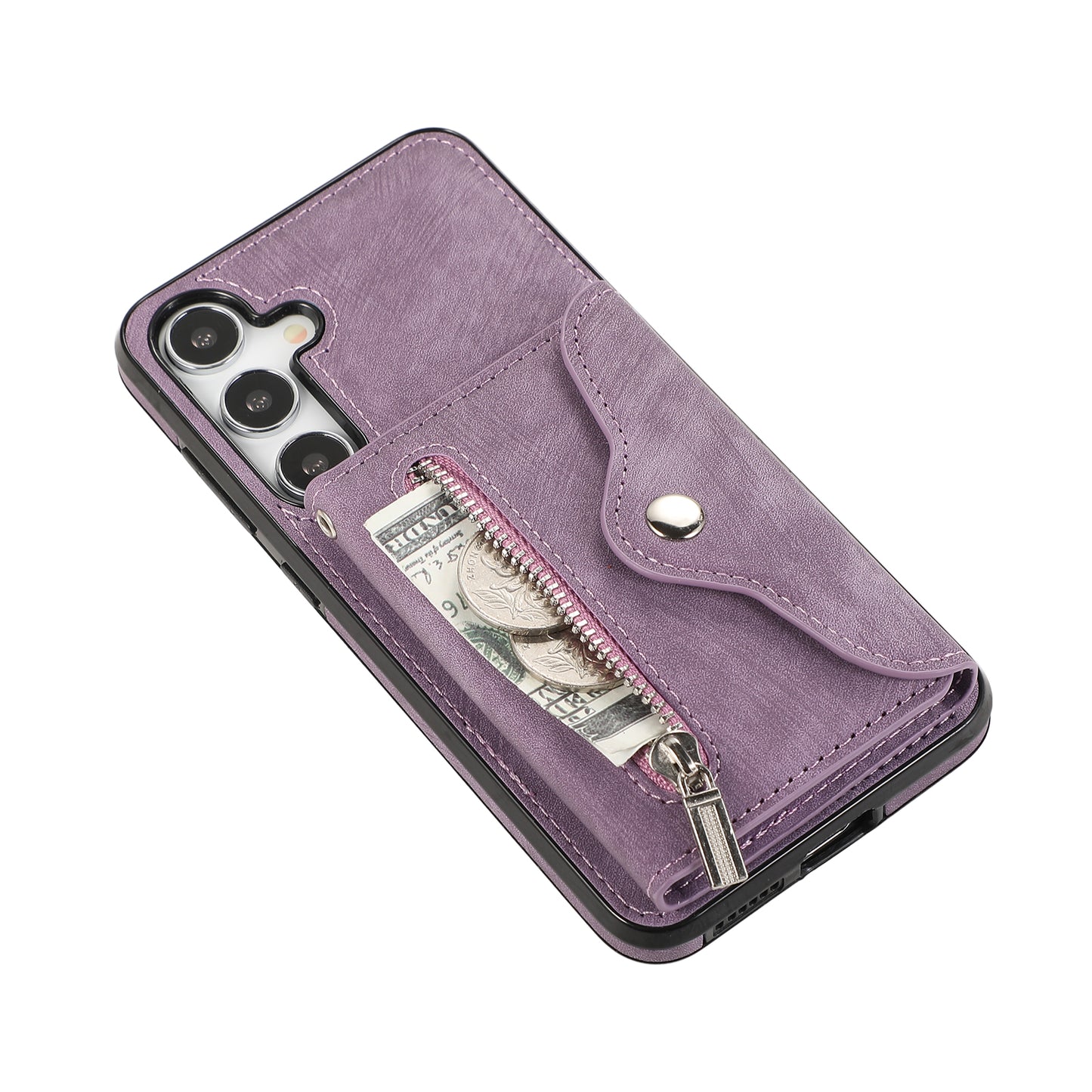 For Samsung Galaxy S24+ Cell Phone Case Card Bag PU Leather+TPU Cover with 2 Straps - Purple