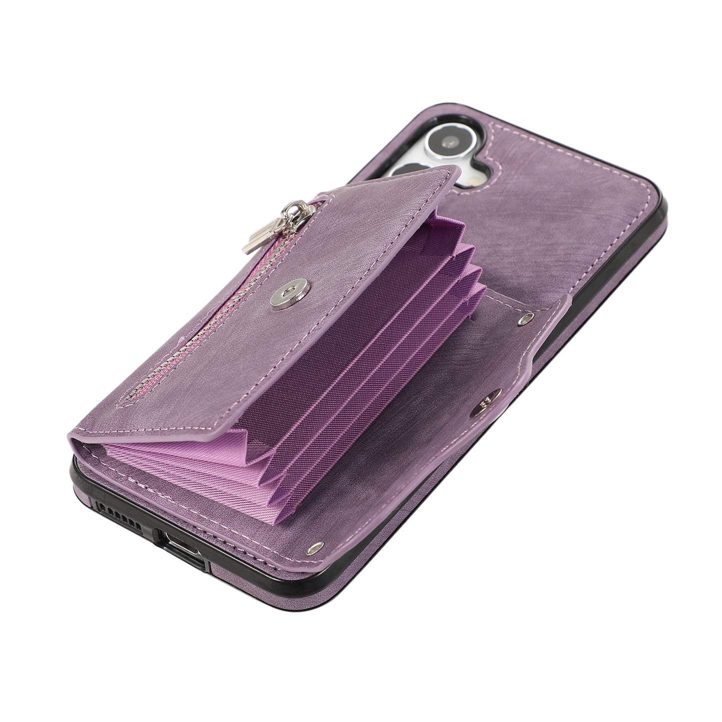For Samsung Galaxy S24+ Cell Phone Case Card Bag PU Leather+TPU Cover with 2 Straps - Purple