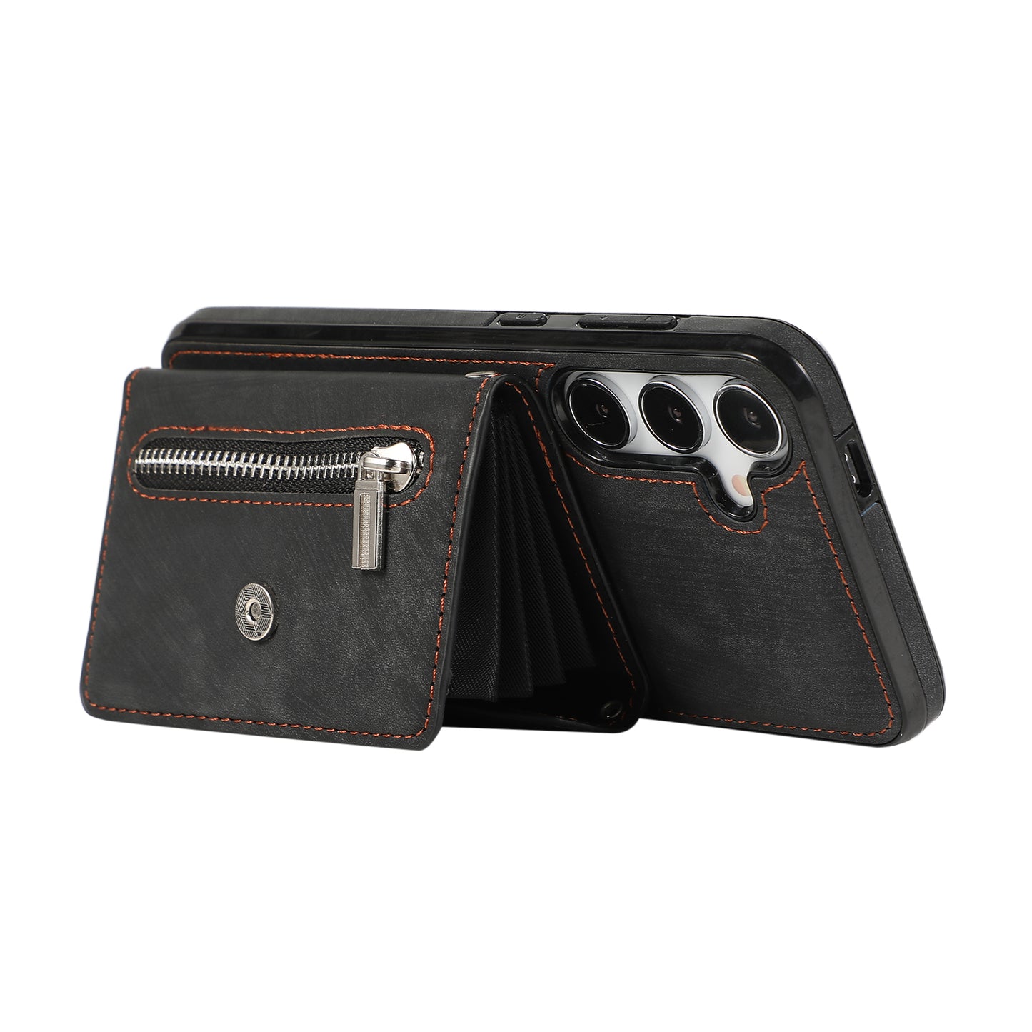 For Samsung Galaxy S24+ Cell Phone Case Card Bag PU Leather+TPU Cover with 2 Straps - Black