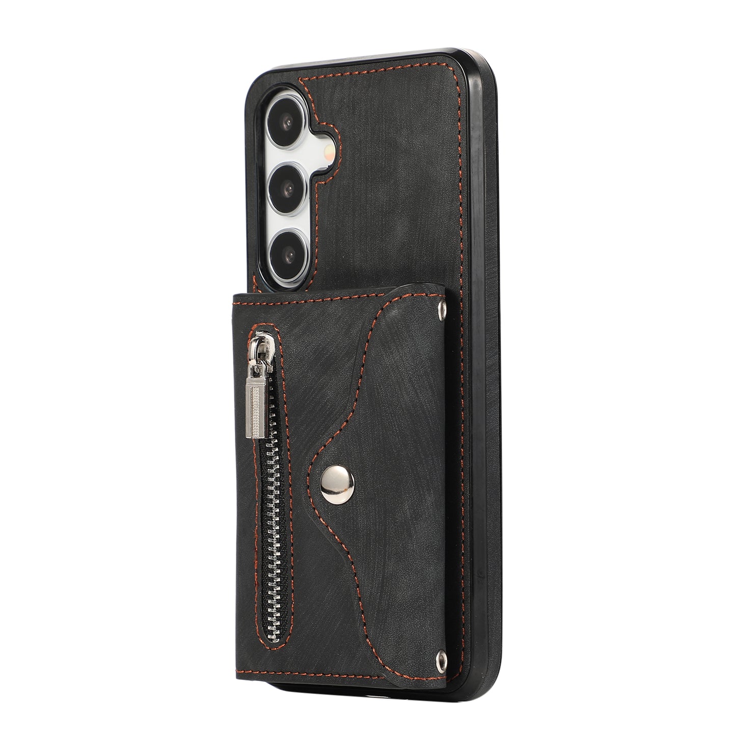 For Samsung Galaxy S24+ Cell Phone Case Card Bag PU Leather+TPU Cover with 2 Straps - Black