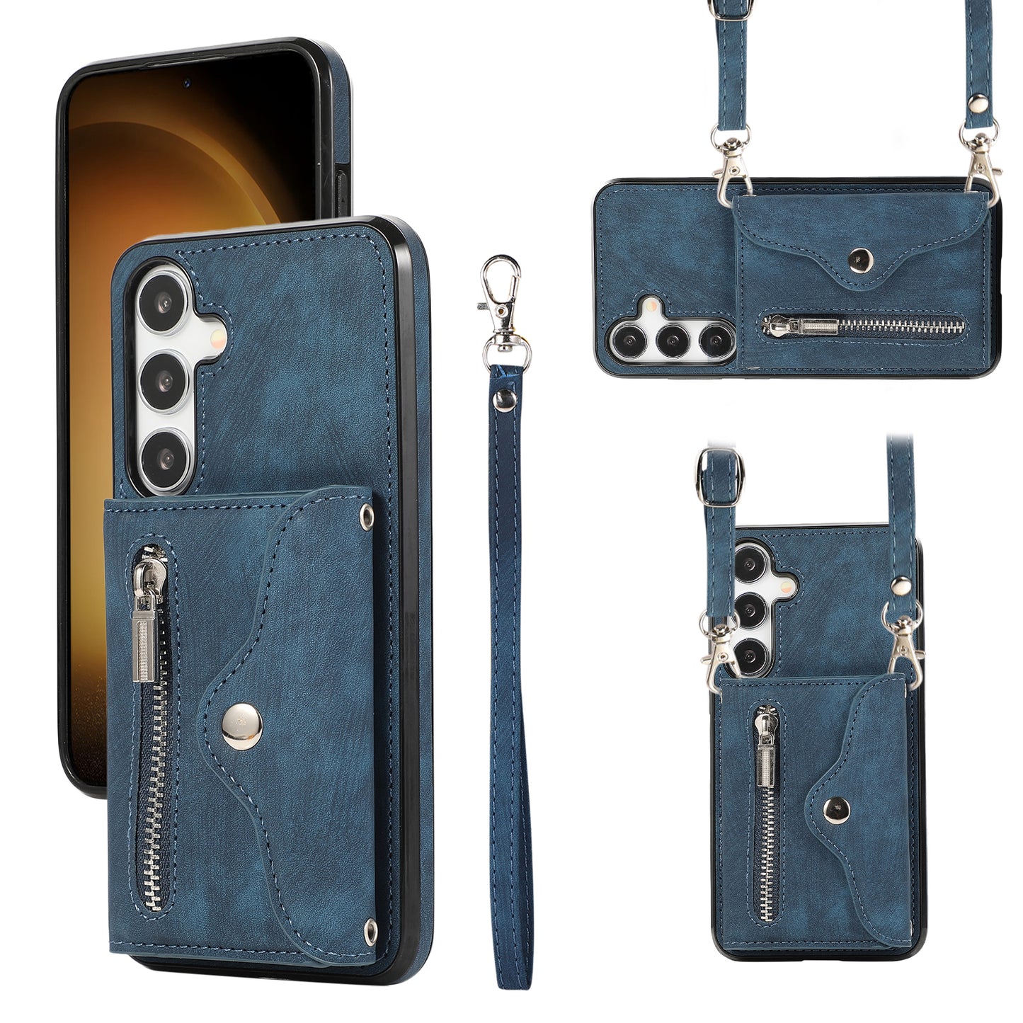 For Samsung Galaxy S24+ Cell Phone Case Card Bag PU Leather+TPU Cover with 2 Straps - Blue