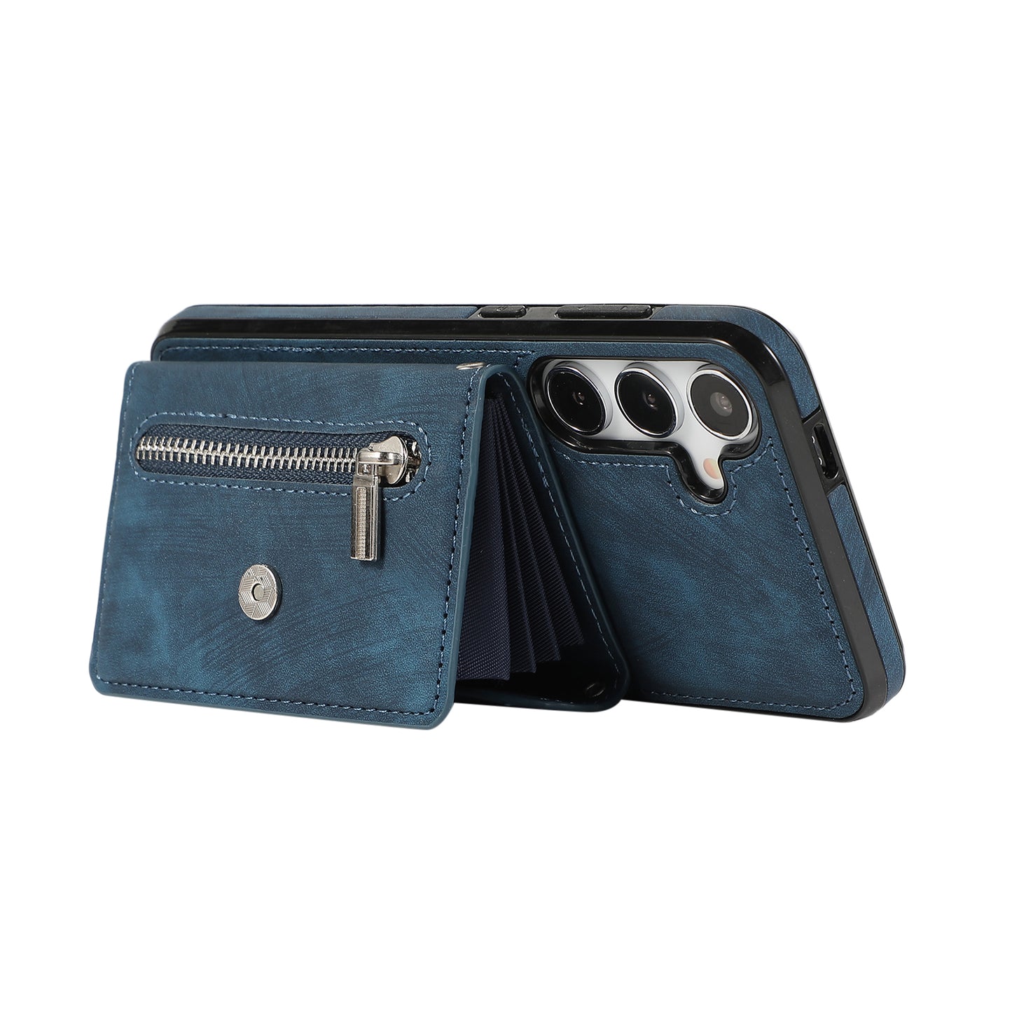 For Samsung Galaxy S24+ Cell Phone Case Card Bag PU Leather+TPU Cover with 2 Straps - Blue