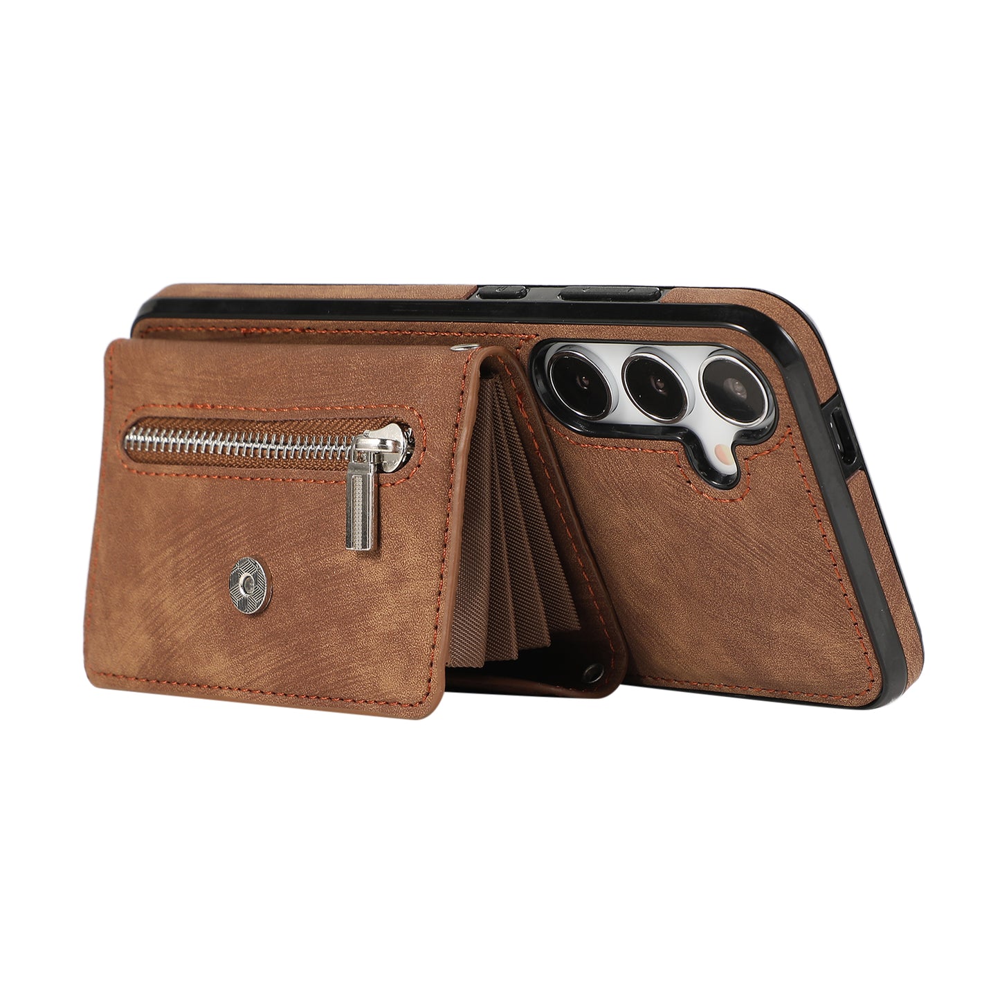For Samsung Galaxy S24+ Cell Phone Case Card Bag PU Leather+TPU Cover with 2 Straps - Brown