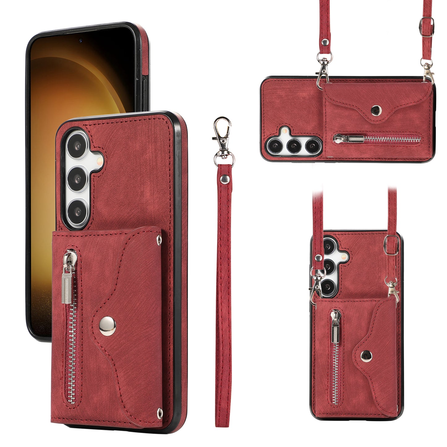 For Samsung Galaxy S24+ Cell Phone Case Card Bag PU Leather+TPU Cover with 2 Straps - Red