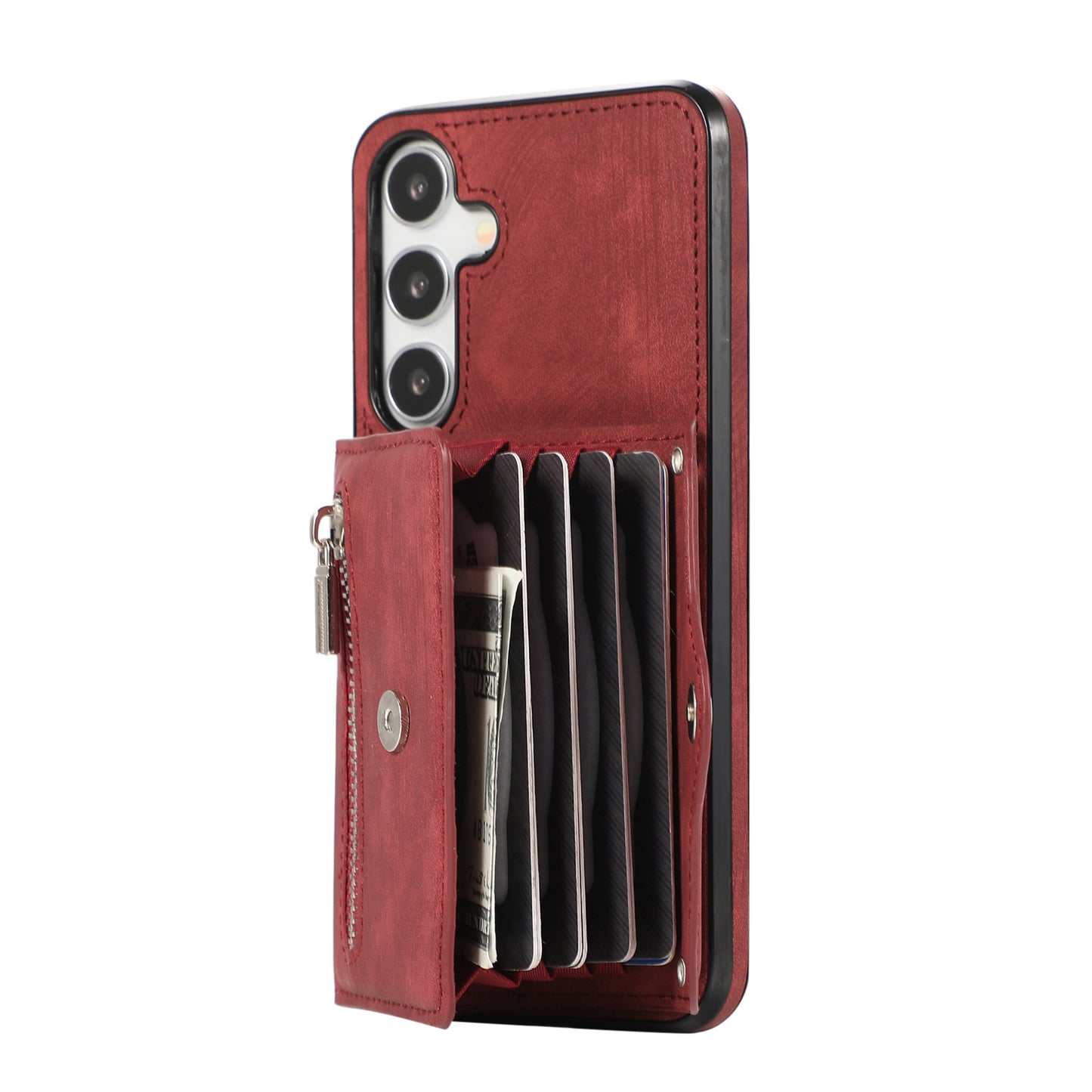 For Samsung Galaxy S24+ Cell Phone Case Card Bag PU Leather+TPU Cover with 2 Straps - Red