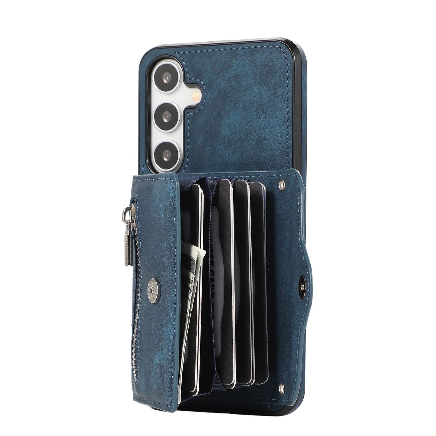 For Samsung Galaxy S24 Cell Phone Case with 2 Straps PU Leather+TPU Card Bag Cover - Blue