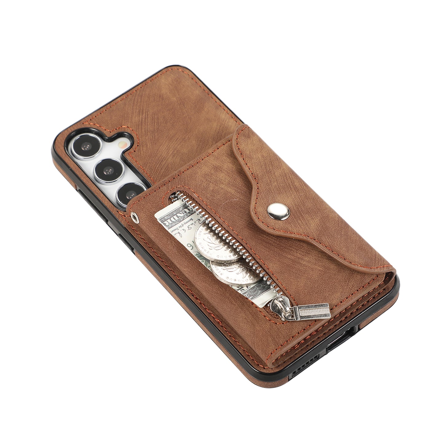 For Samsung Galaxy S24 Cell Phone Case with 2 Straps PU Leather+TPU Card Bag Cover - Brown