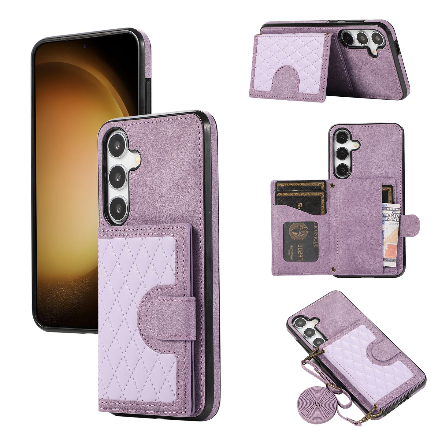 Grid Imprinted Case for Samsung Galaxy S24 Shell Leather Phone Wallet Cover with Shoulder Strap - Purple