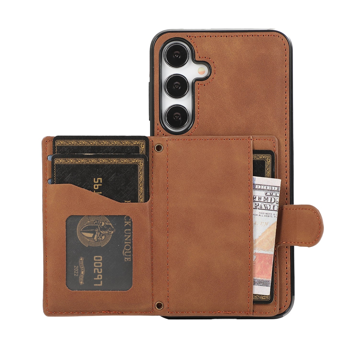Grid Imprinted Case for Samsung Galaxy S24 Shell Leather Phone Wallet Cover with Shoulder Strap - Brown