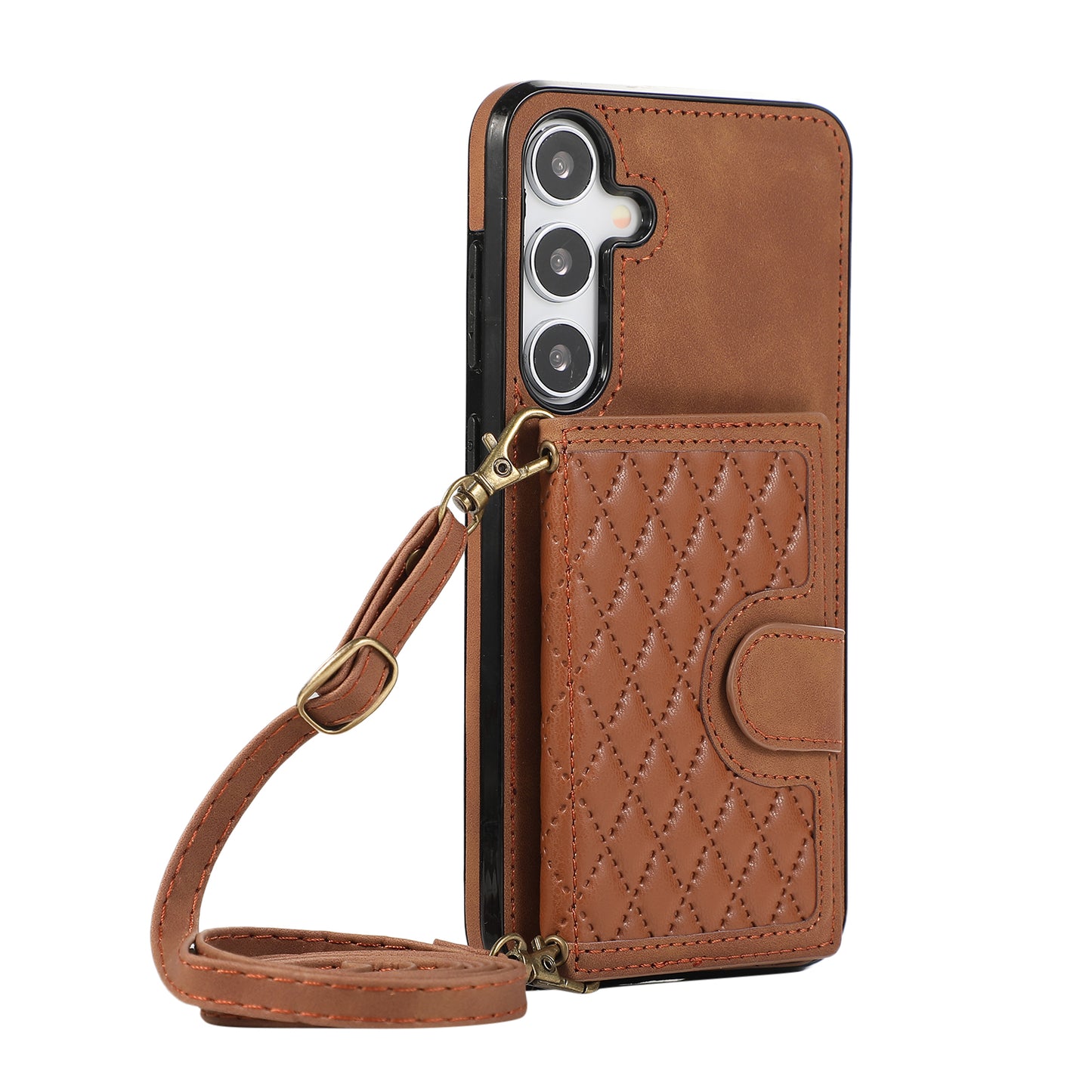 Grid Imprinted Case for Samsung Galaxy S24 Shell Leather Phone Wallet Cover with Shoulder Strap - Brown