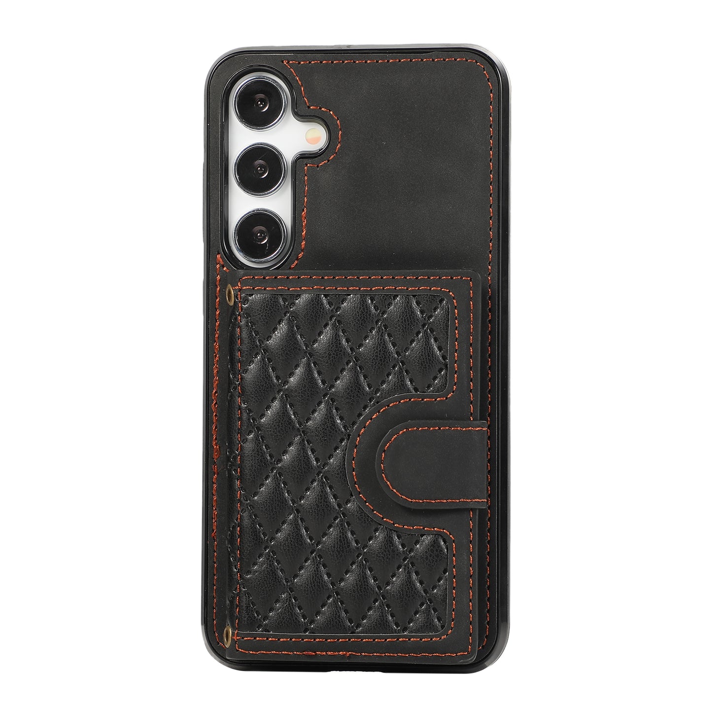 Grid Imprinted Case for Samsung Galaxy S24 Shell Leather Phone Wallet Cover with Shoulder Strap - Black