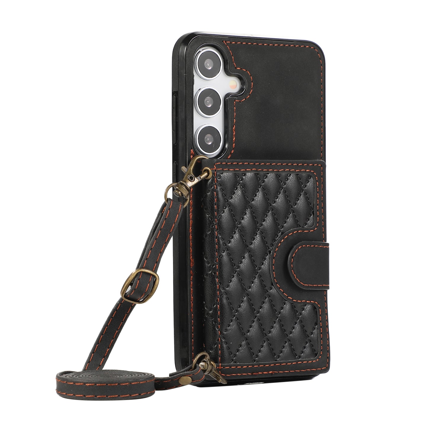 Grid Imprinted Case for Samsung Galaxy S24 Shell Leather Phone Wallet Cover with Shoulder Strap - Black