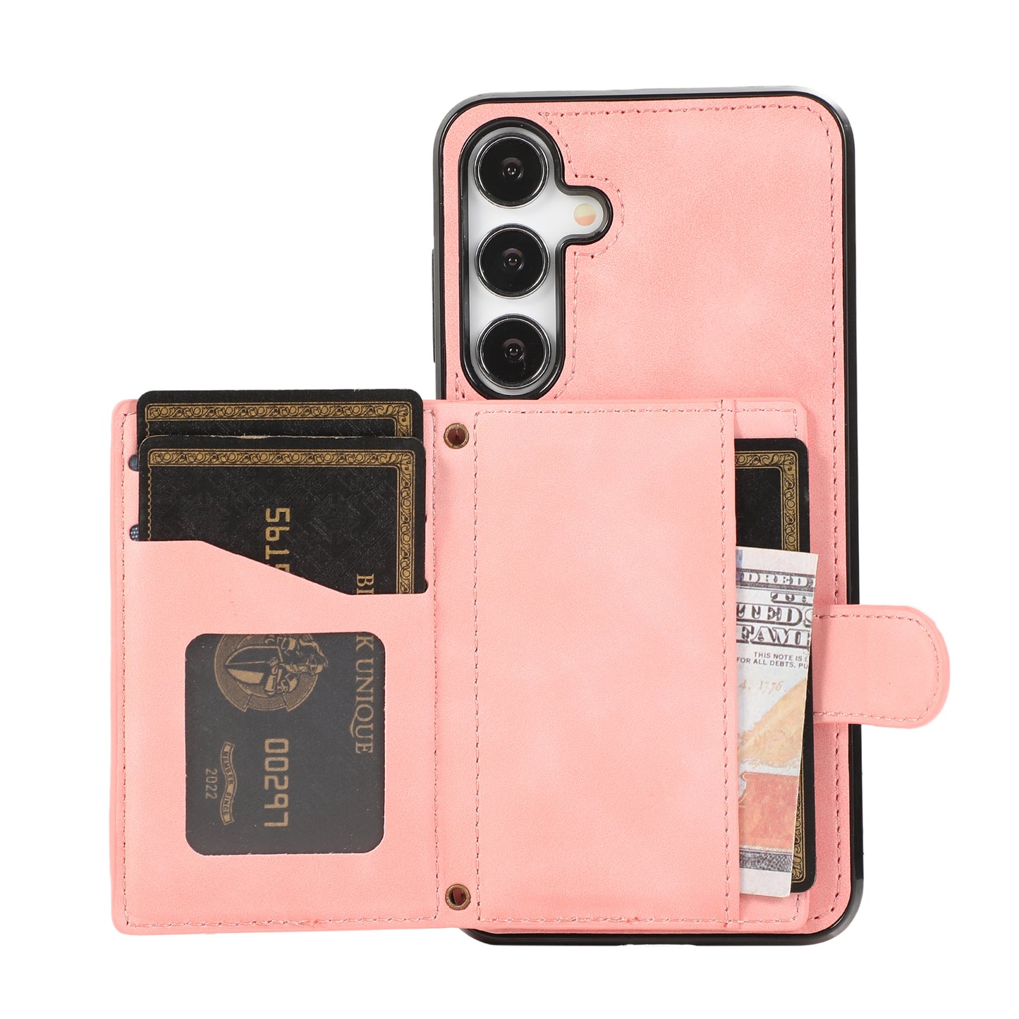 Grid Imprinted Case for Samsung Galaxy S24 Shell Leather Phone Wallet Cover with Shoulder Strap - Rose Gold
