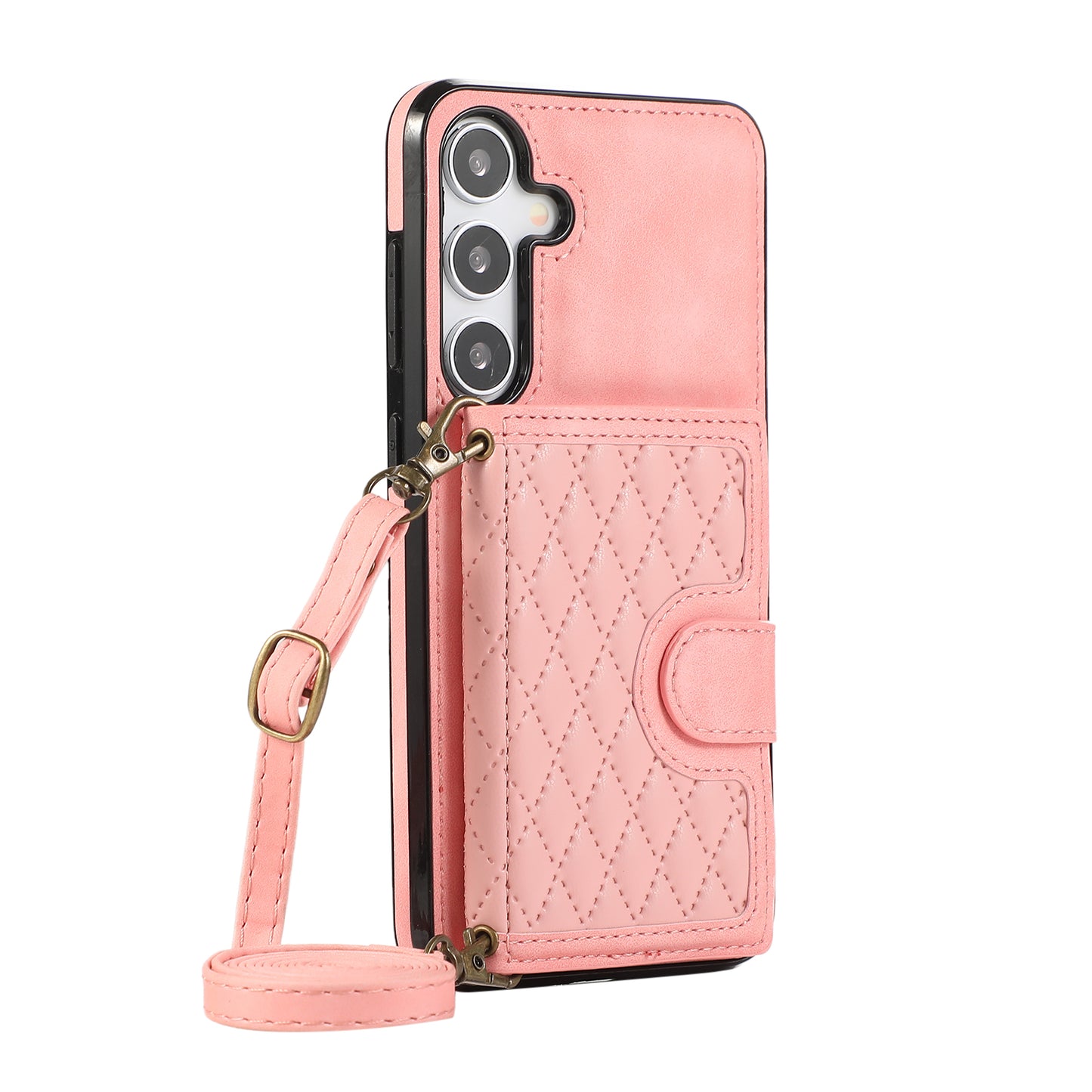 Grid Imprinted Case for Samsung Galaxy S24 Shell Leather Phone Wallet Cover with Shoulder Strap - Rose Gold