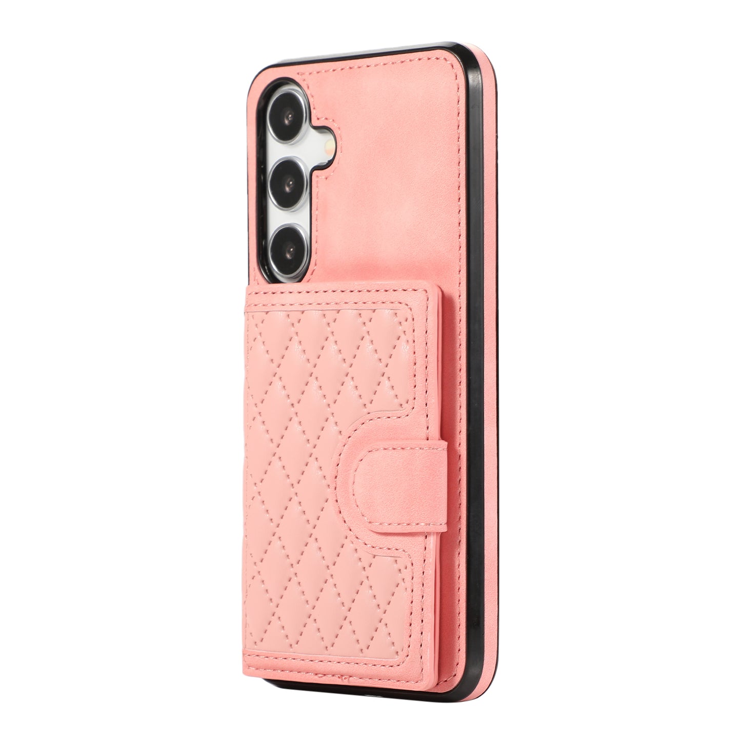 Grid Imprinted Case for Samsung Galaxy S24 Shell Leather Phone Wallet Cover with Shoulder Strap - Rose Gold