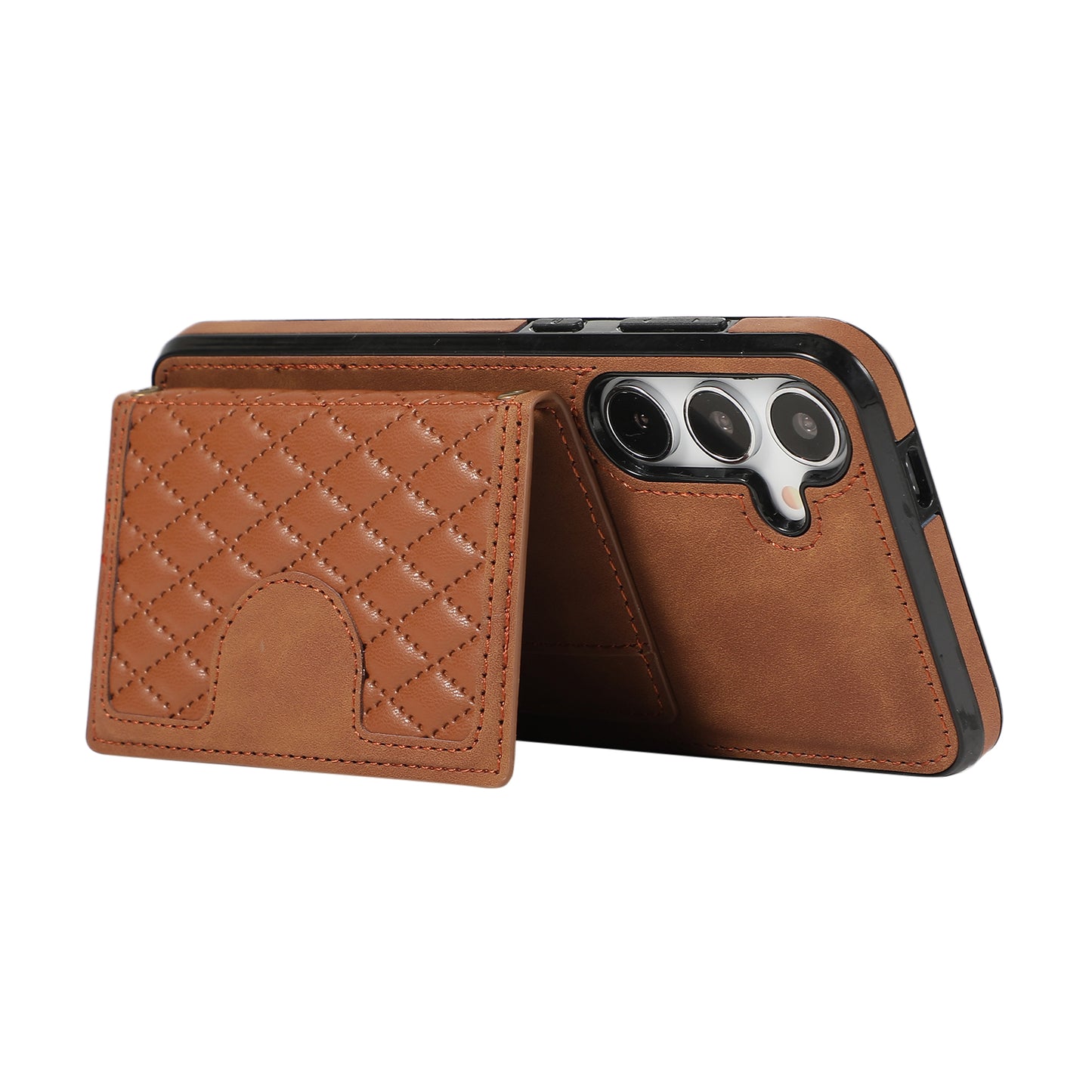For Samsung Galaxy S24+ Case Grid Imprinted Kickstand Phone Cover with Shoulder Strap - Brown