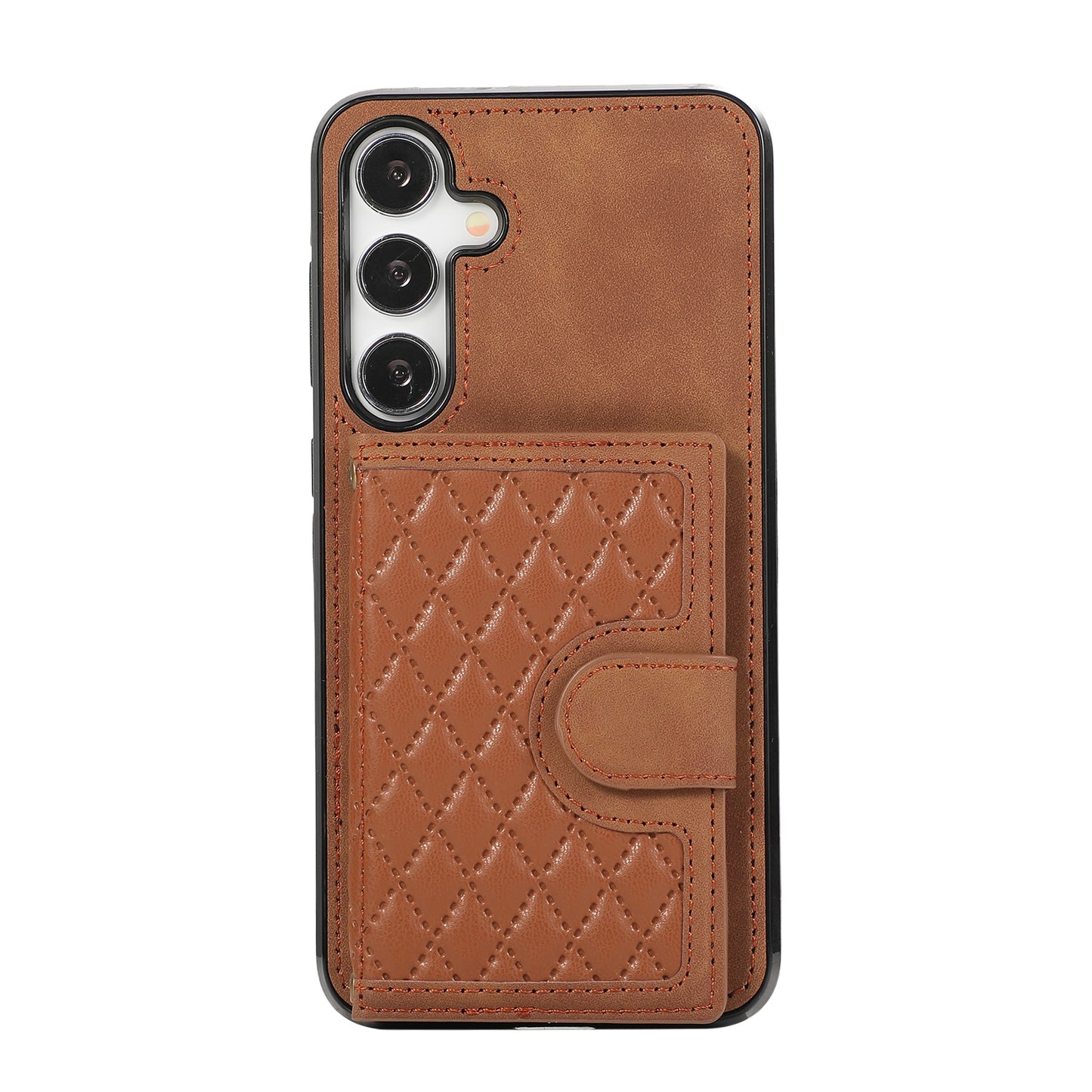 For Samsung Galaxy S24+ Case Grid Imprinted Kickstand Phone Cover with Shoulder Strap - Brown
