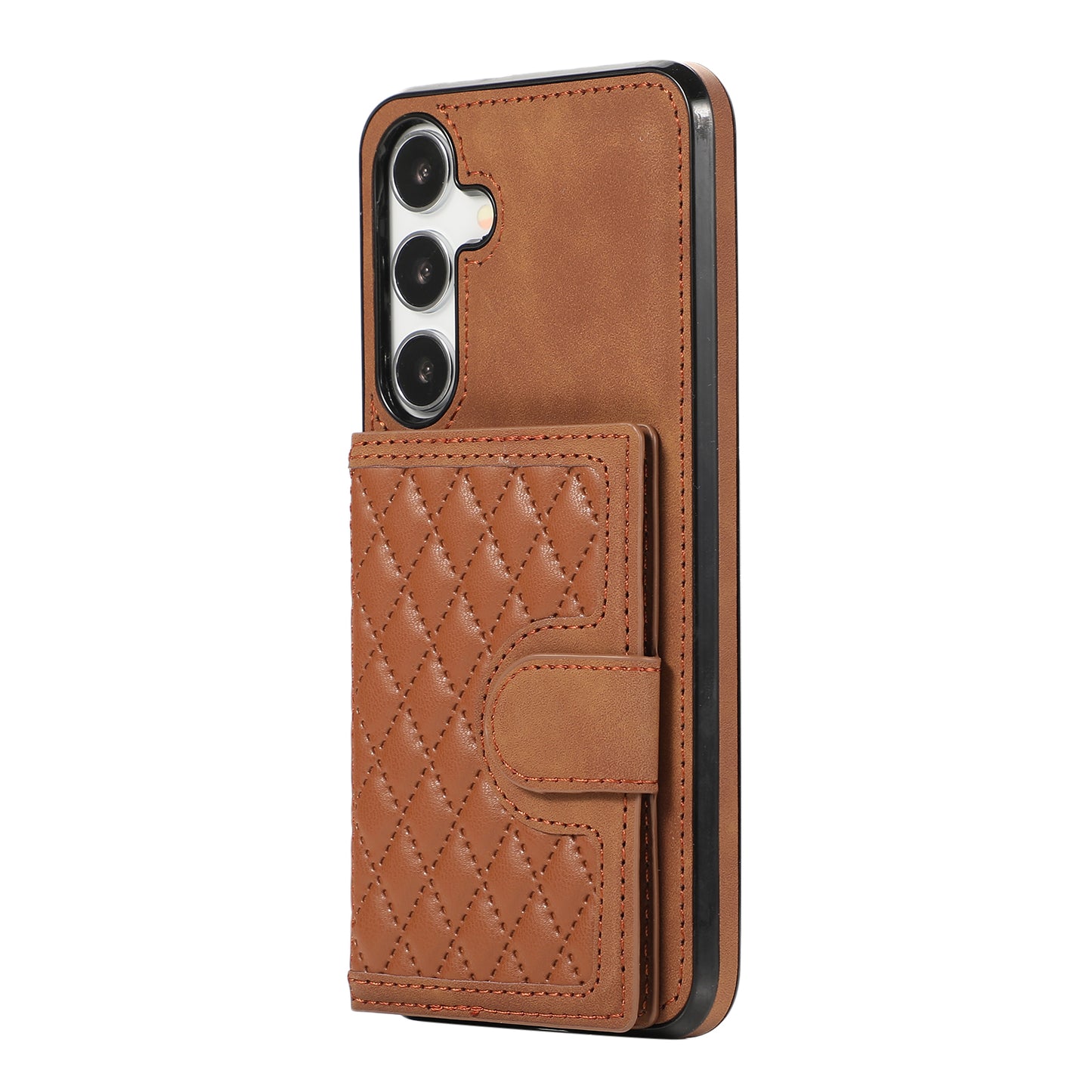 For Samsung Galaxy S24+ Case Grid Imprinted Kickstand Phone Cover with Shoulder Strap - Brown